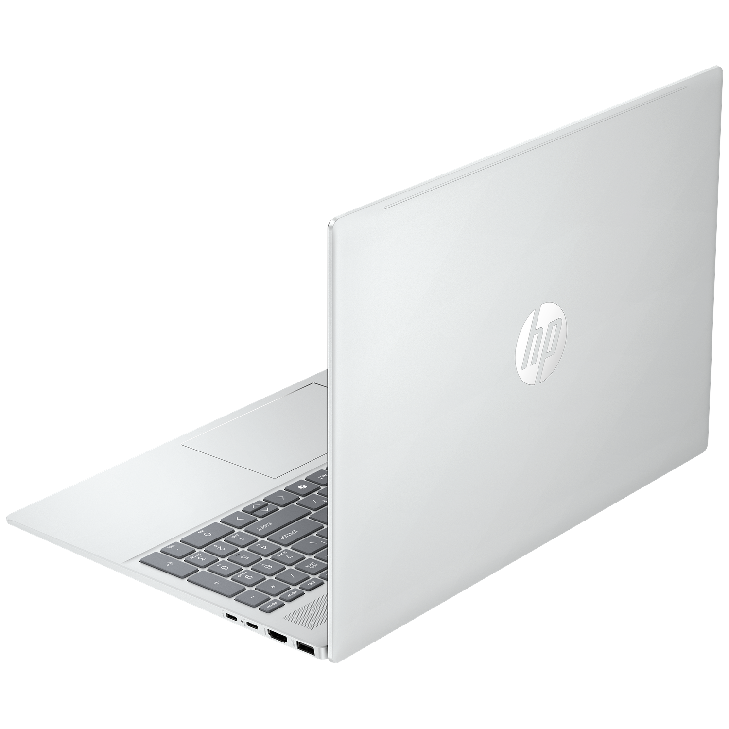 Een witte HP laptop is open, met toetsenbord en touchpad zichtbaar.