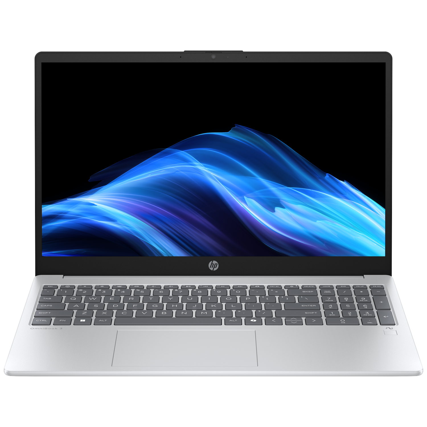 Een zilveren HP laptop met een blauwe abstracte achtergrond op het scherm.
