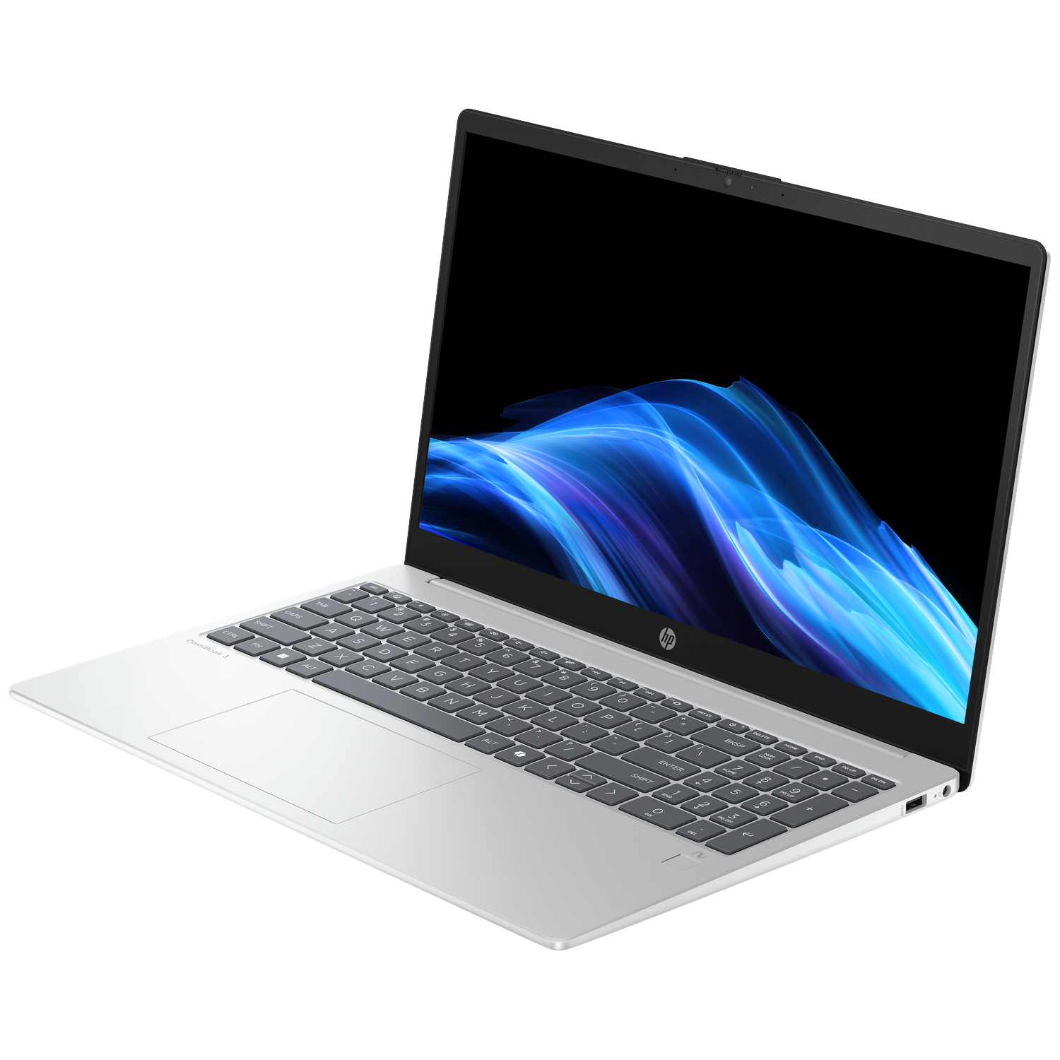 Zilveren HP laptop met blauw abstracte achtergrond op scherm, geïsoleerd op zwart.
