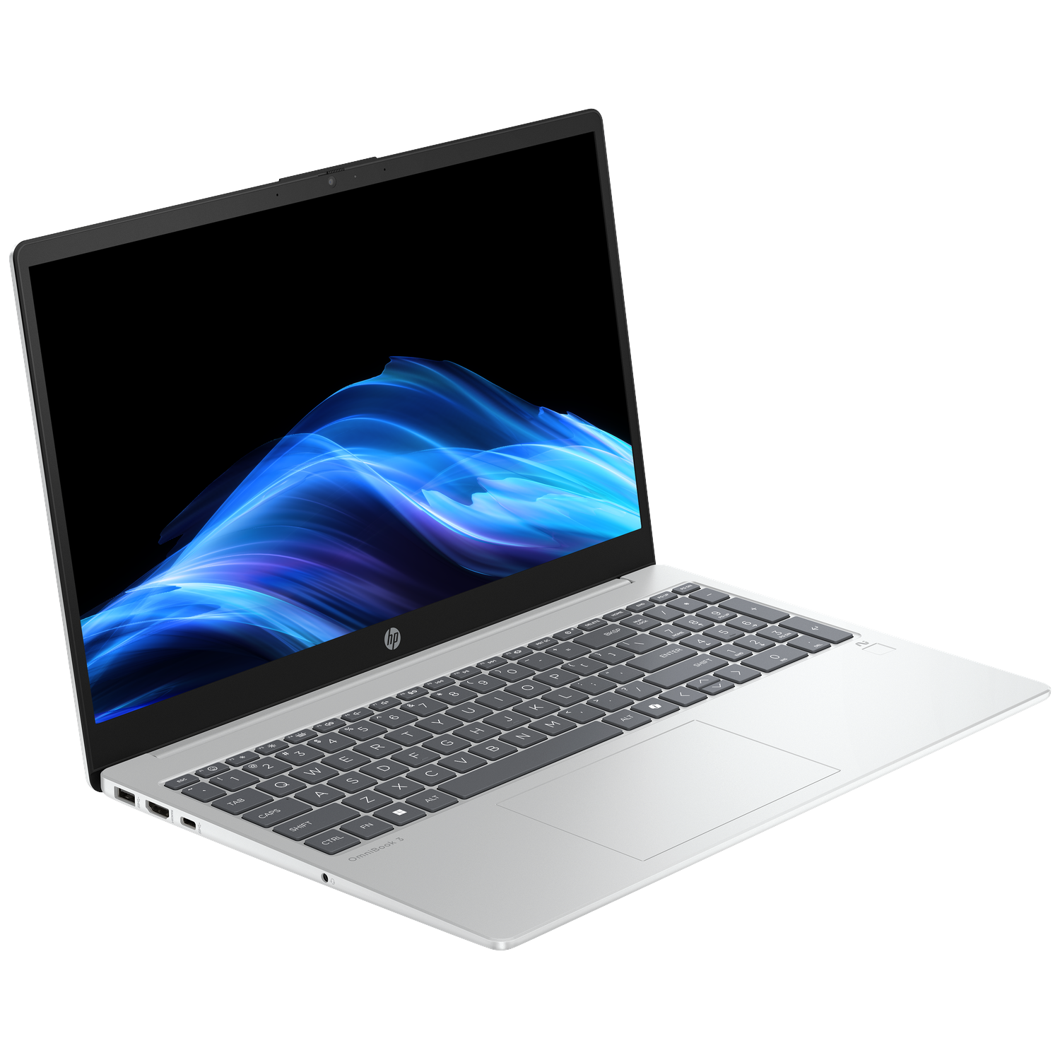 Een open zilveren laptop met een blauw vloeistofpatroon op het scherm.