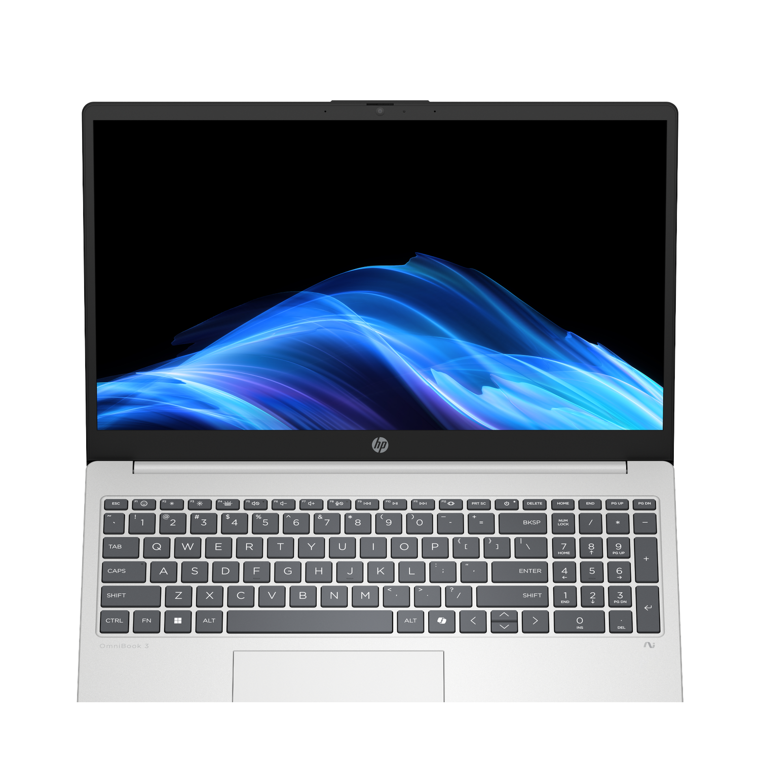 Een zilveren HP OmniBook 3 laptop met een blauw abstracte achtergrond.