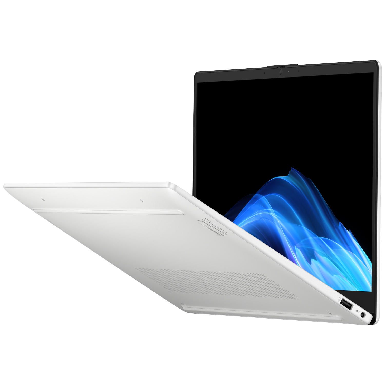 Een open witte laptop met een blauwe, golvende achtergrond op het scherm.