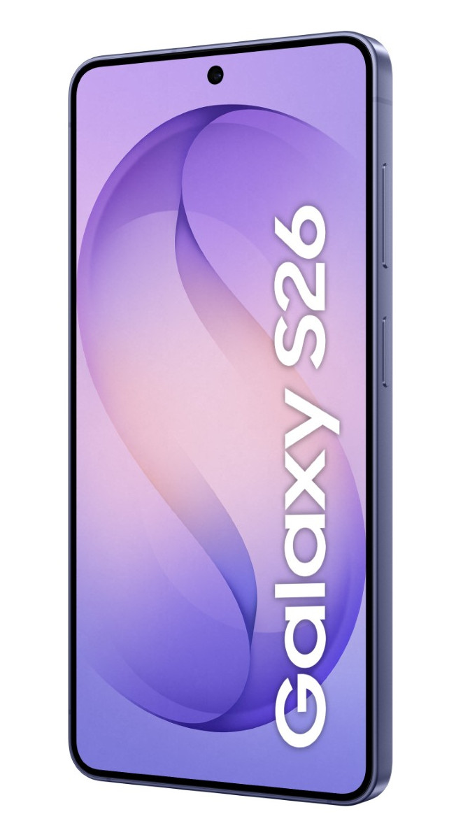 Fioletowy smartfon z napisem Galaxy S26 na ekranie.