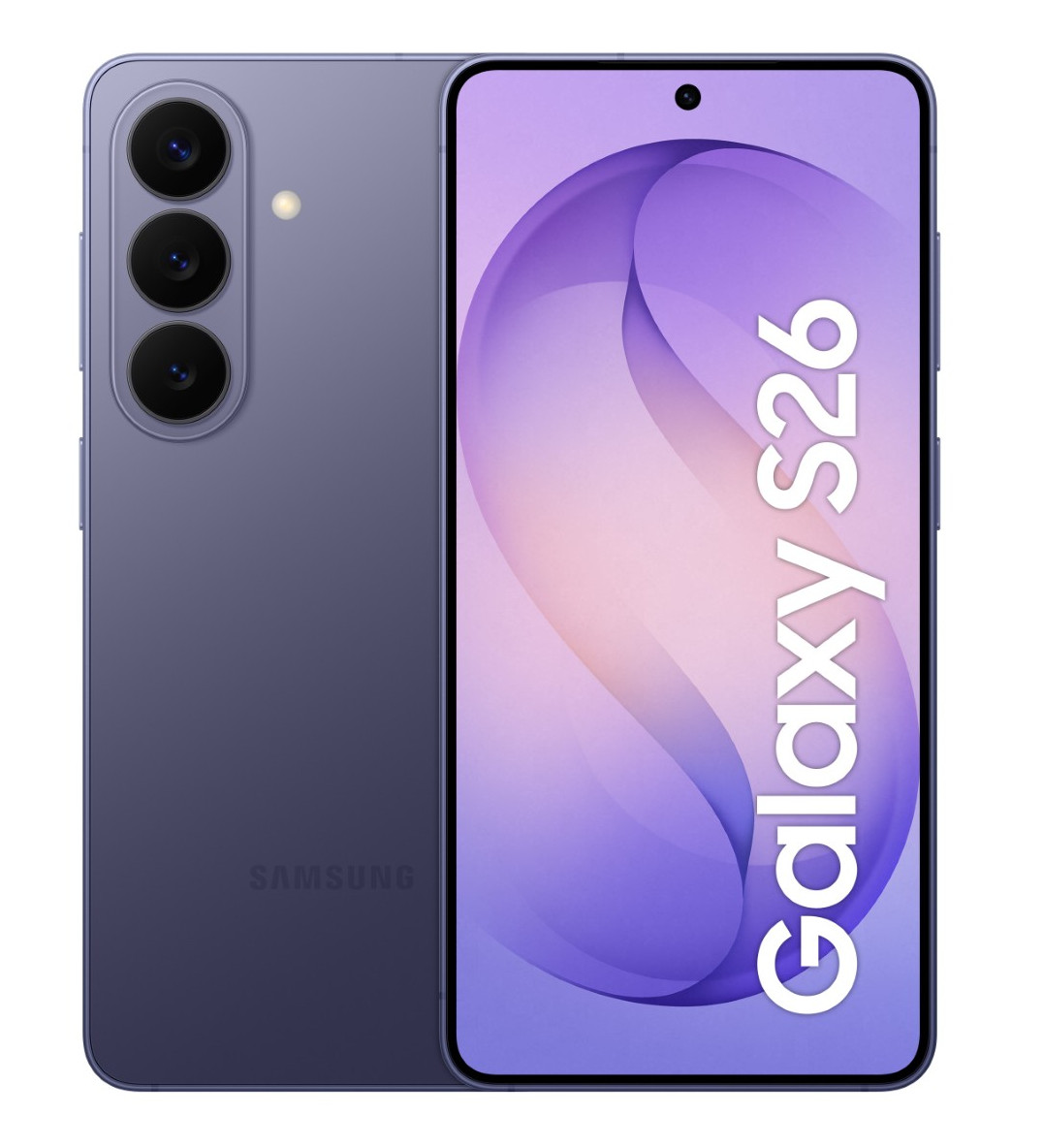 Fioletowy smartfon Samsung Galaxy S26 z trzema tylnymi aparatami.
