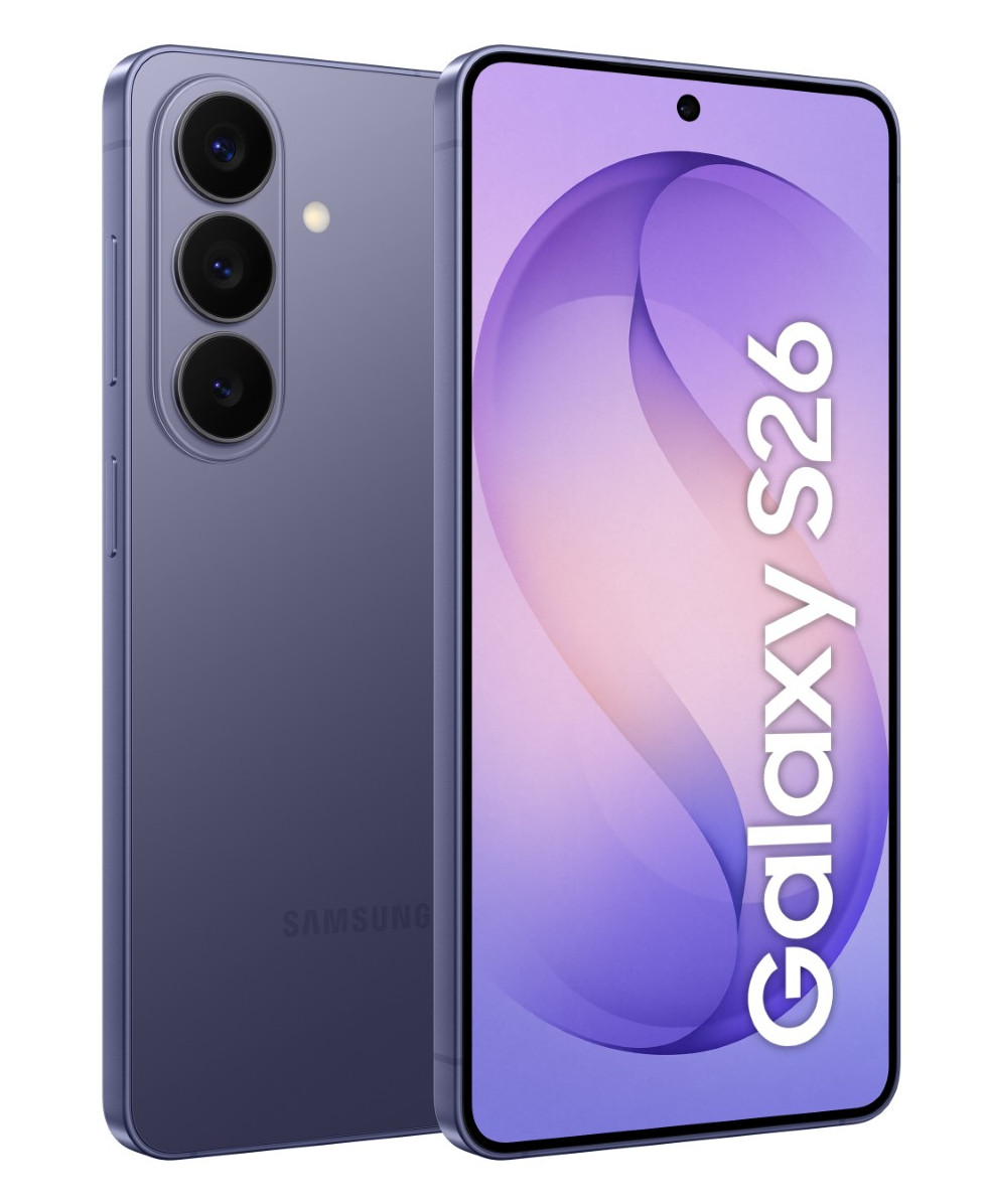 Fioletowy smartfon Samsung Galaxy S26 z trzema aparatami z tyłu.