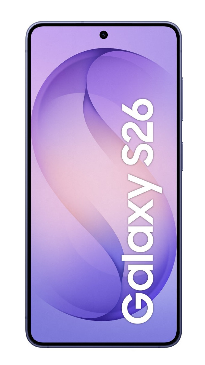 Ciemnoniebieski ekran smartfona z wzorem fioletowo-białym i napisem 'Galaxy S26'.