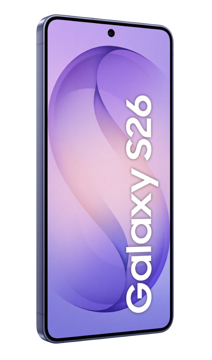 Ciemnoniebieski smartfon z napisem Samsung Galaxy S26 na ekranie.