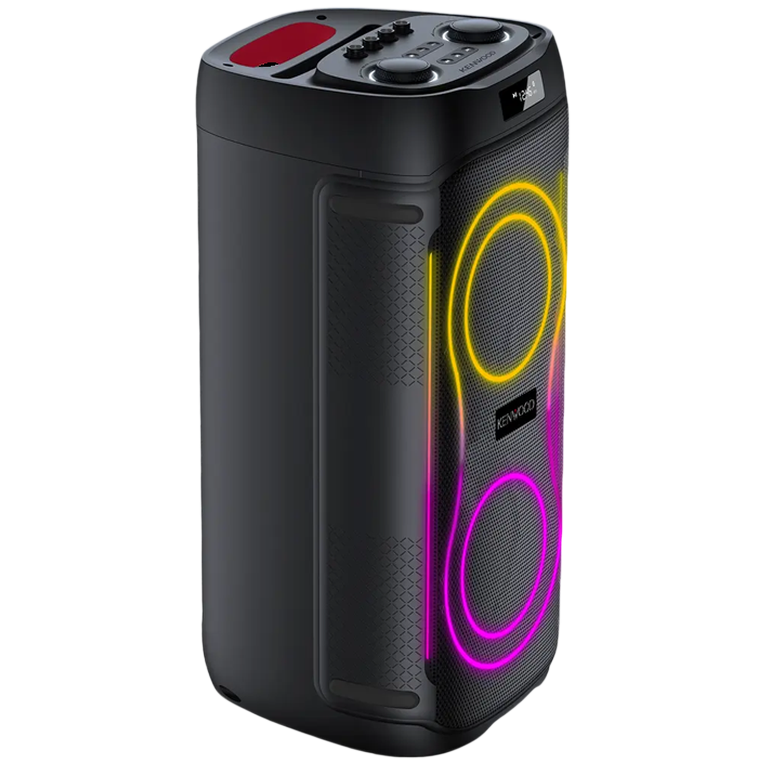 Black Kenwood speaker with yellow and pink lights.