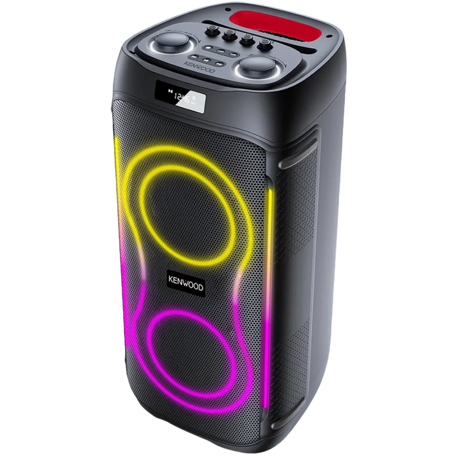 Black speaker with yellow and pink lights and control buttons on top.
