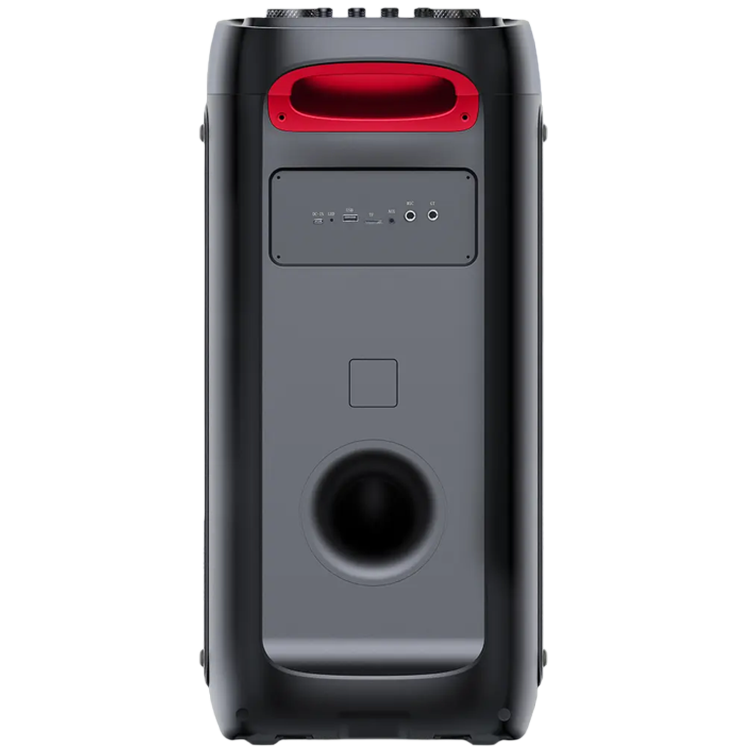 Black speaker with red handle and control panel.