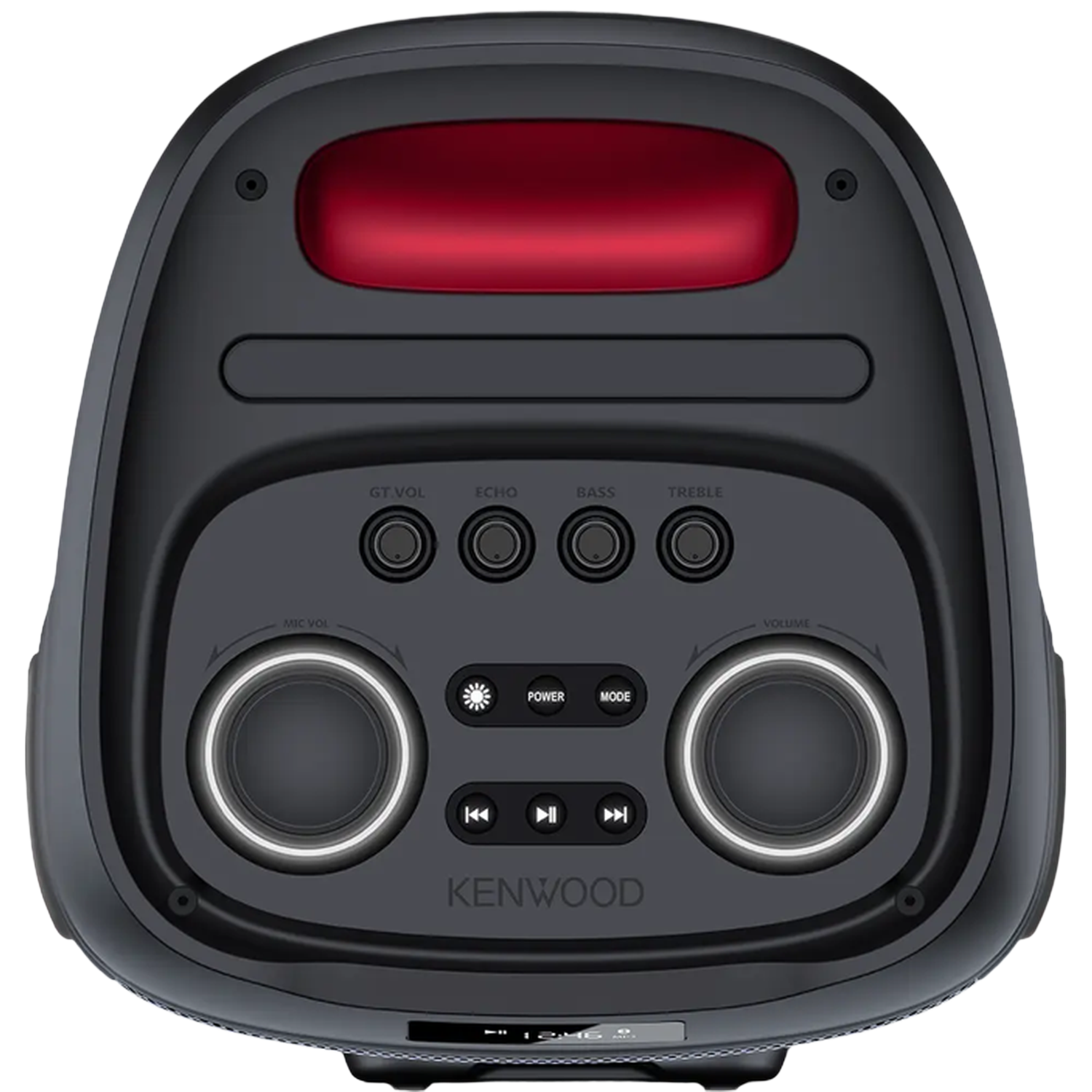 Black speaker with red lights and control buttons. Front view.