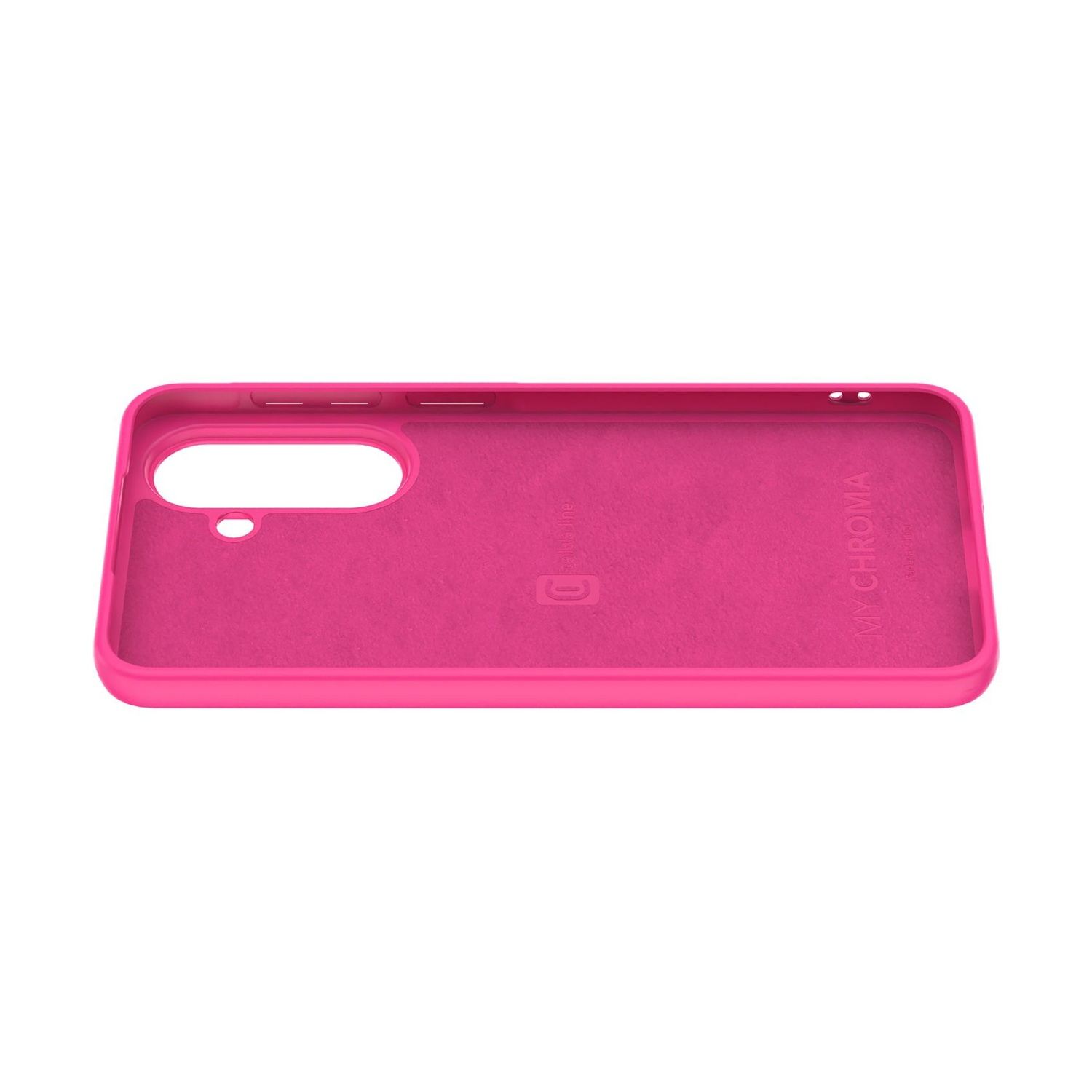 Custodia rosa per telefono con ritagli per fotocamera e pulsanti, interno stampato.