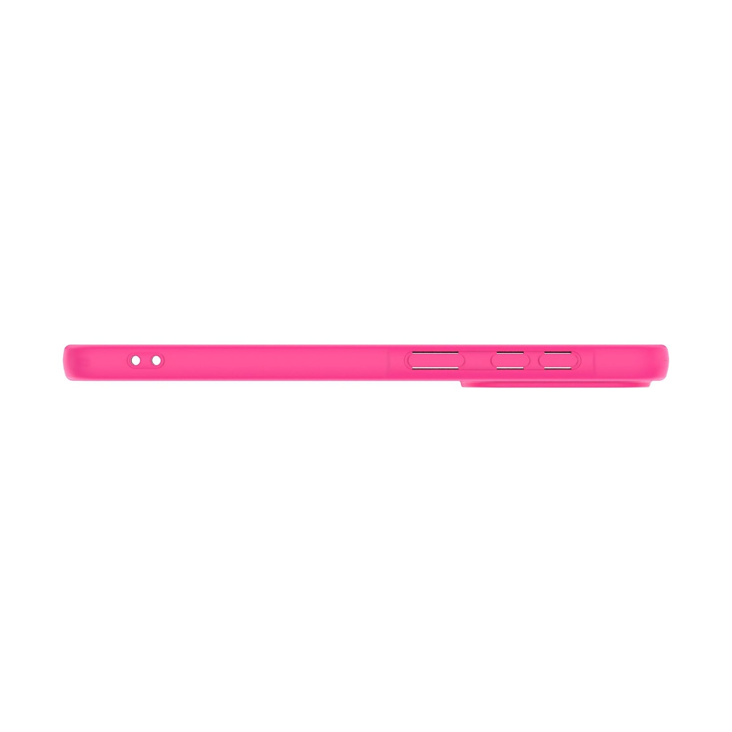 Profilo di cover per telefono rosa acceso con due piccoli fori e tre pulsanti.
