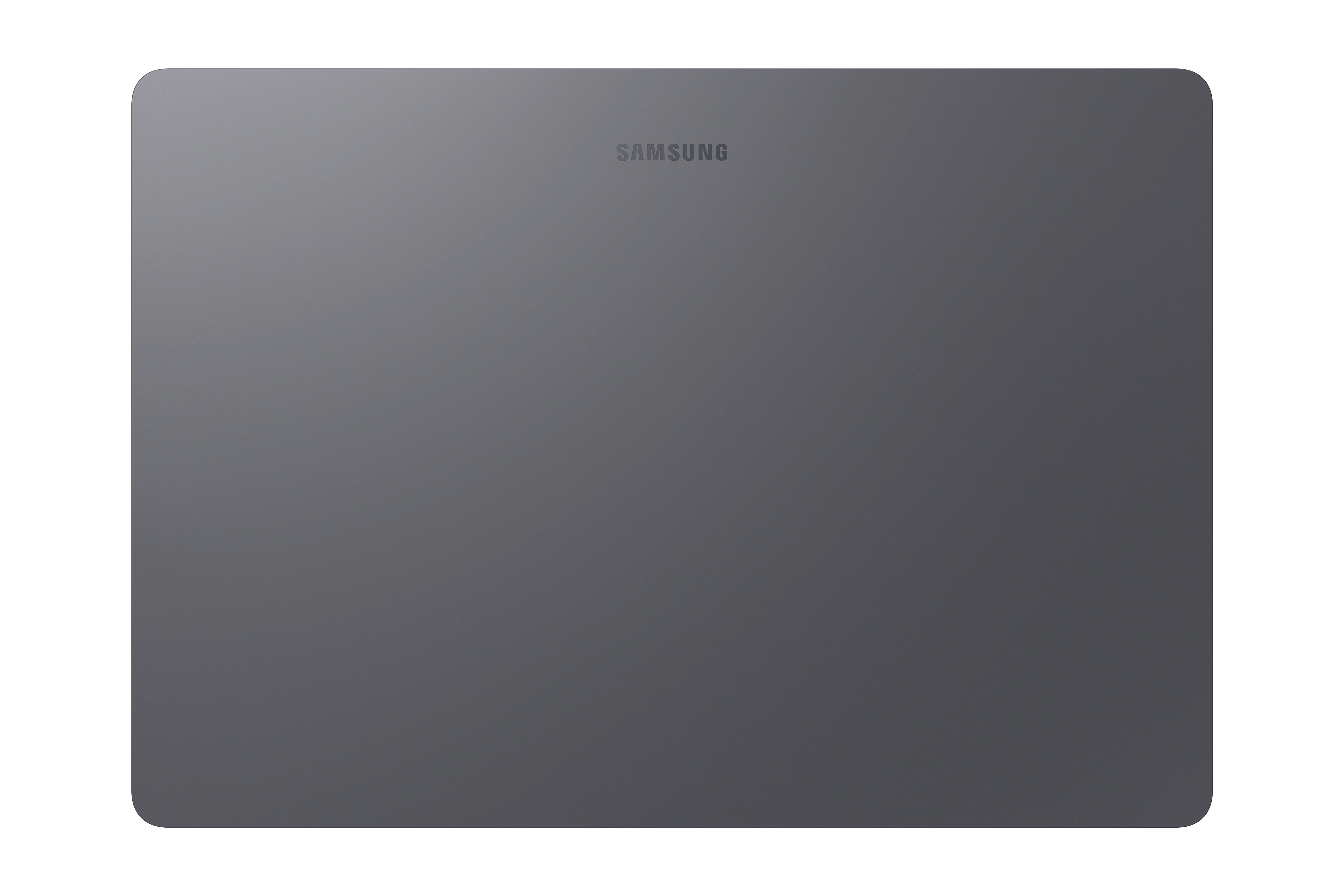 Dunkelgraues Samsung Tablet, Rückseite, auf weißem Hintergrund.