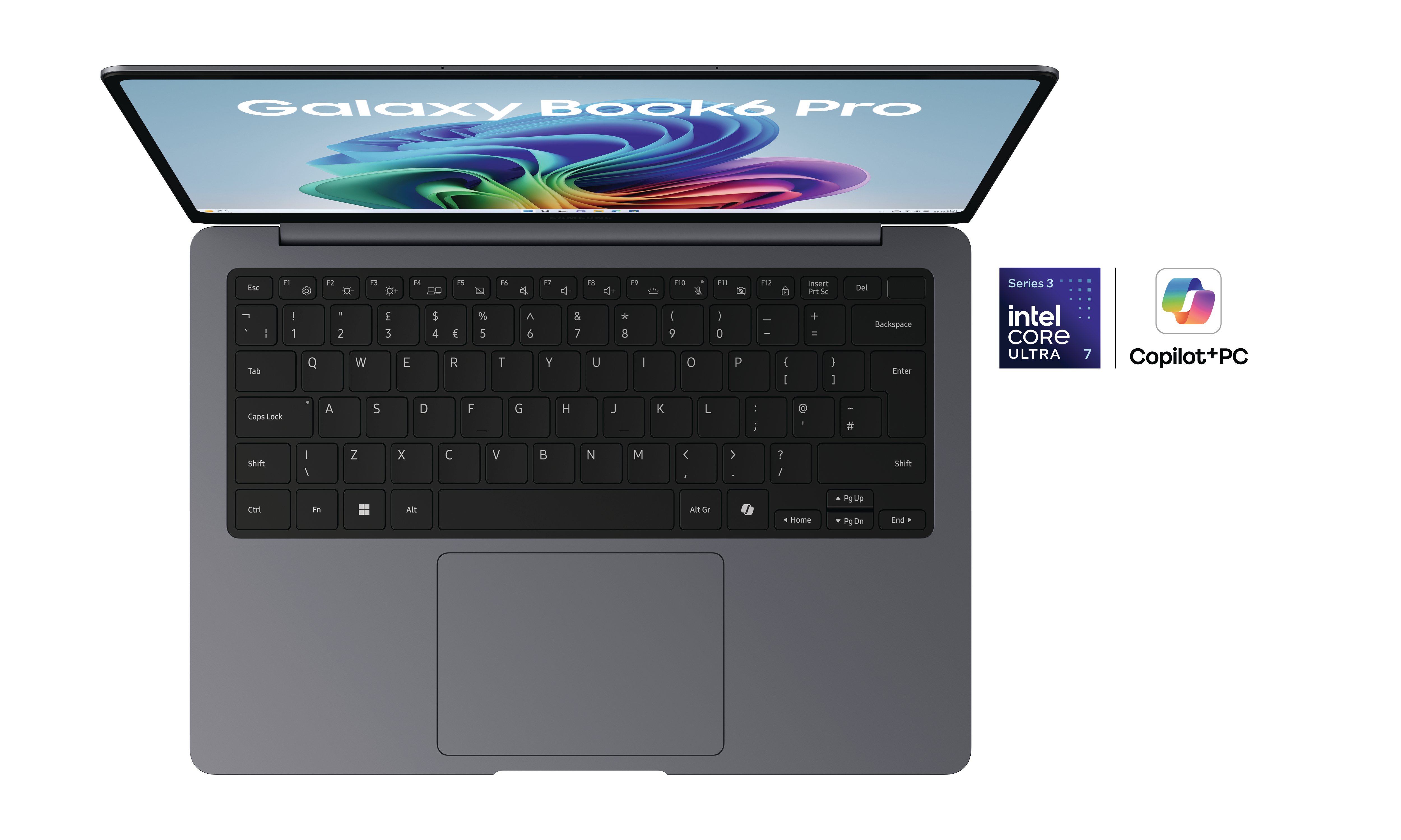 Ein offener, dunkelgrauer Laptop mit "Galaxy Book6 Pro" auf dem Bildschirm.