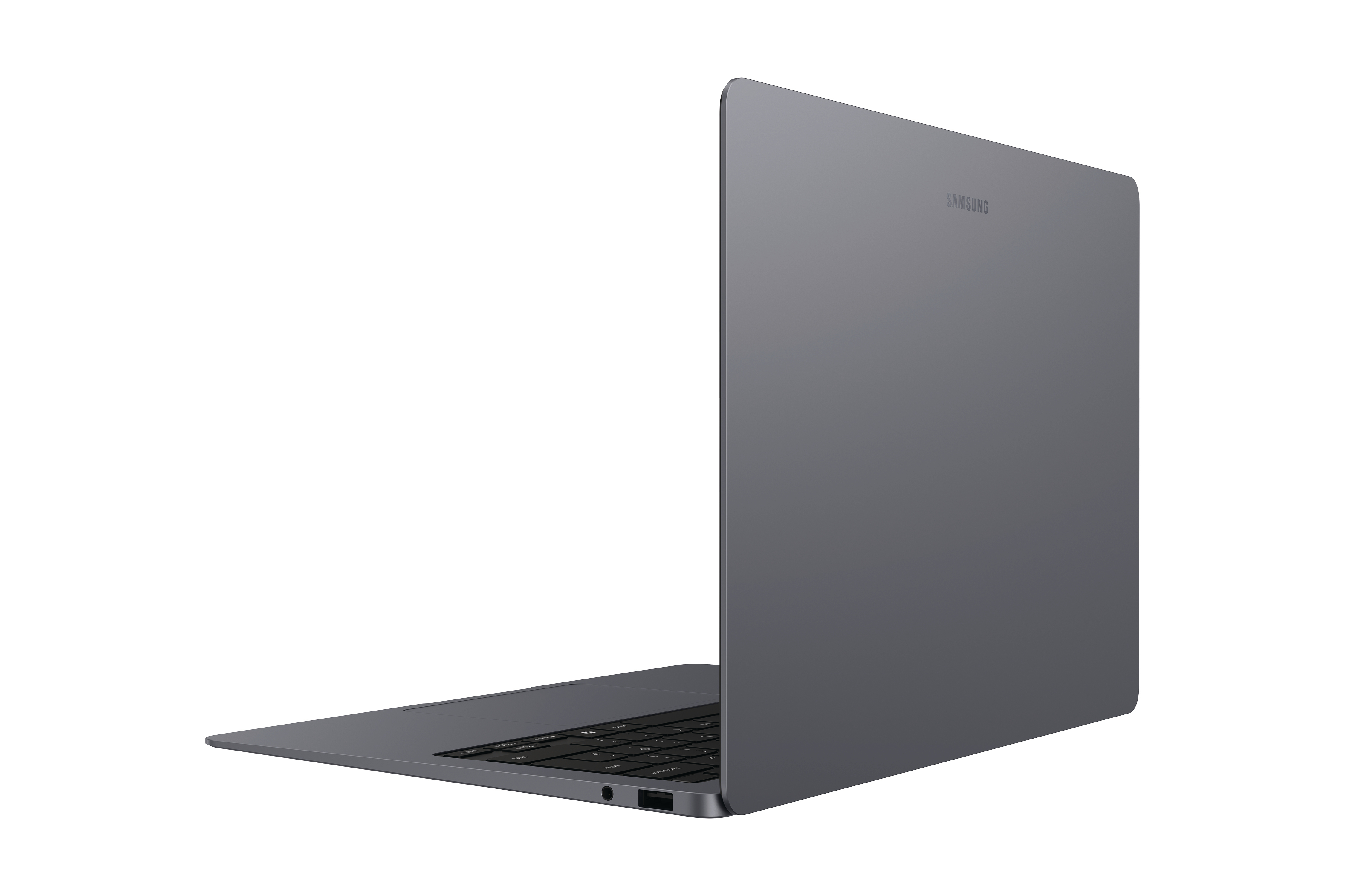 Grauer Samsung Laptop mit geöffnetem Bildschirm und Tastatur.