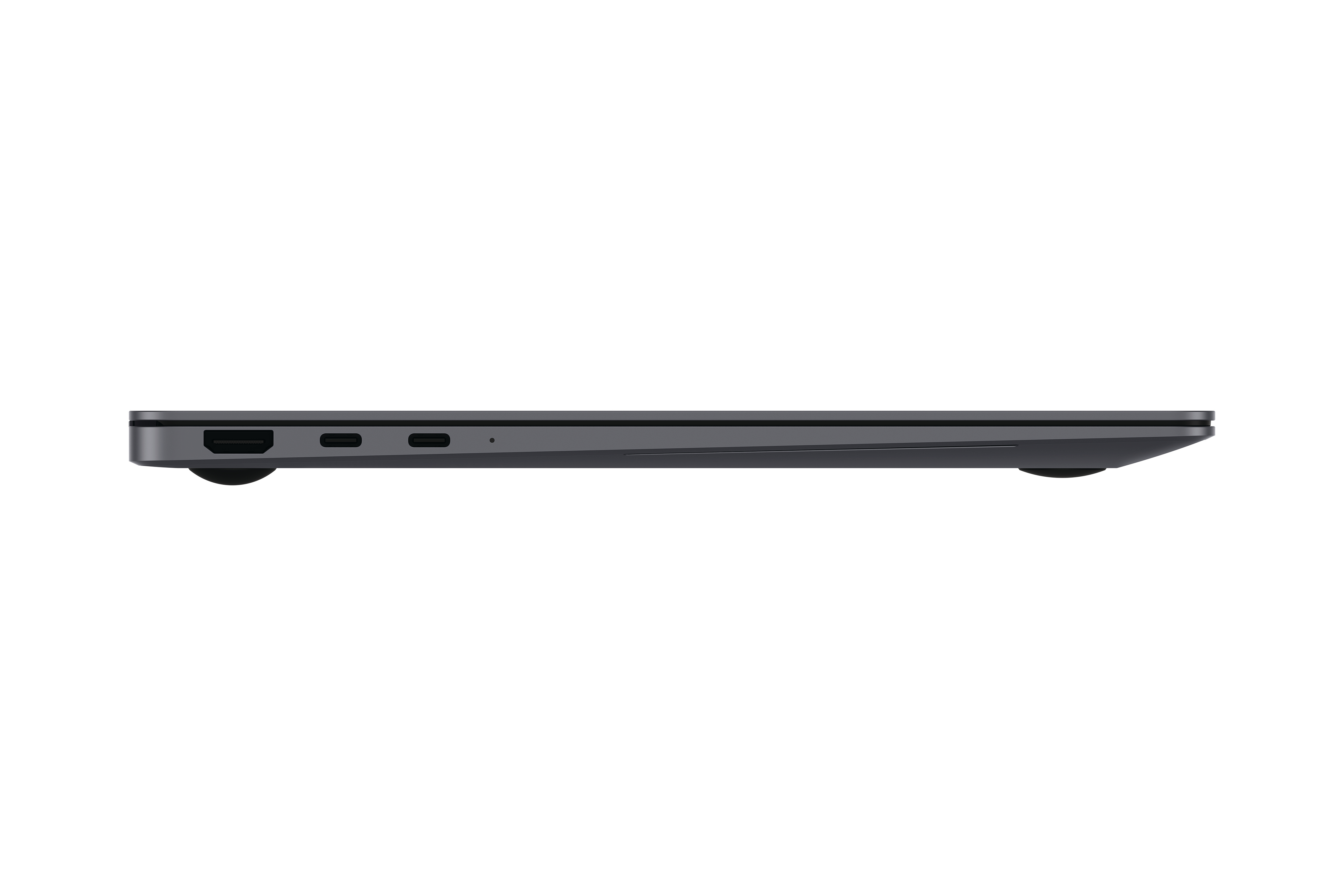 Grauer Laptop von der Seite mit Anschlüssen: HDMI, USB-C und ein Kartenleser.