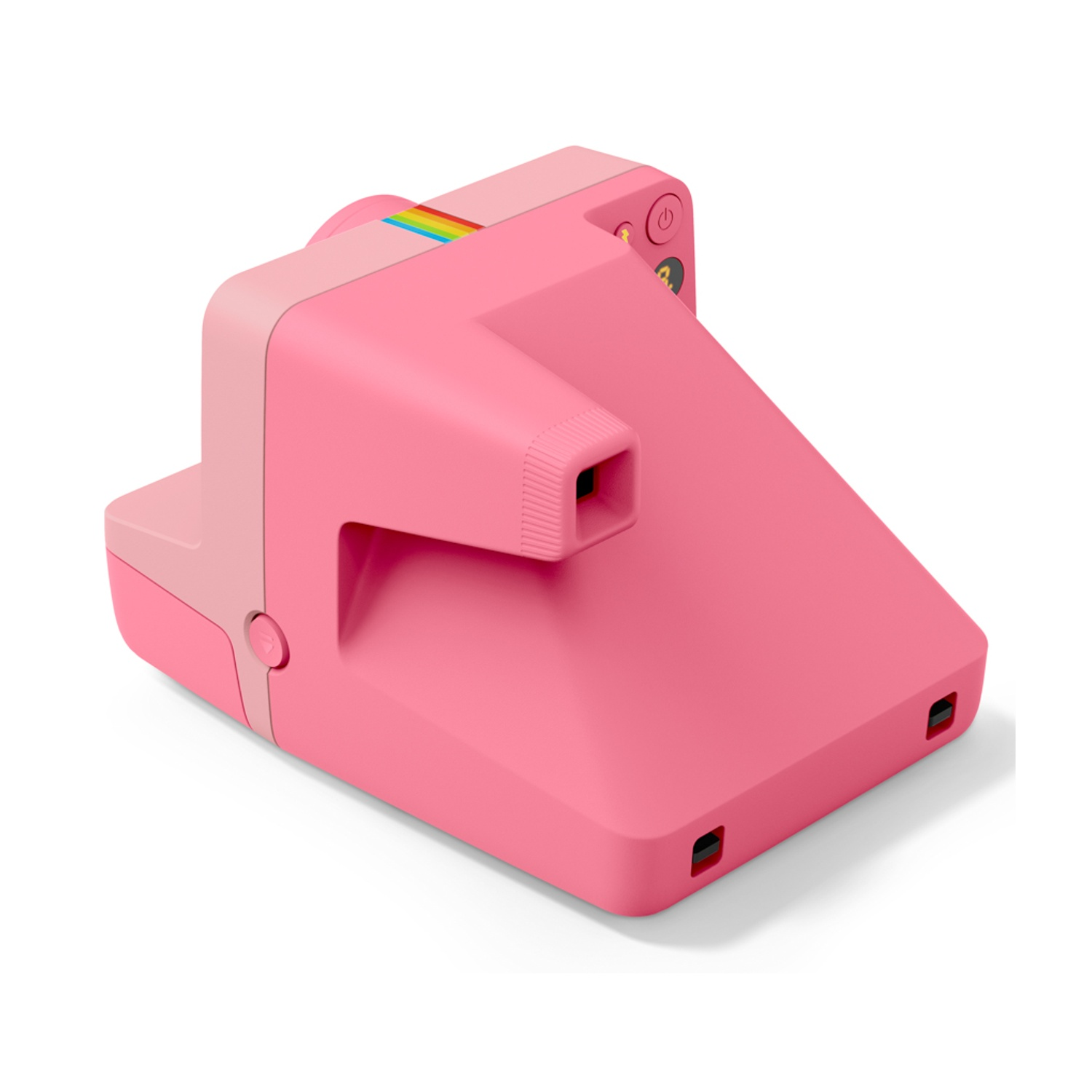 Una fotocamera istantanea rosa con accenti arcobaleno.
