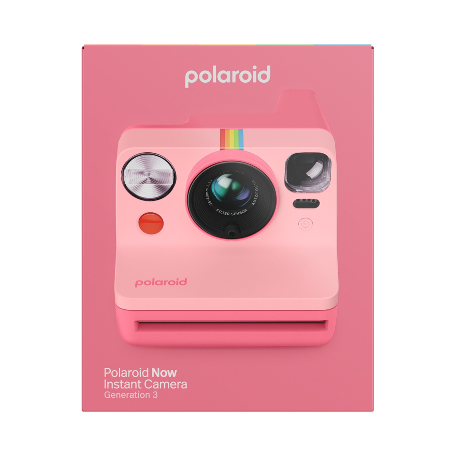 Una fotocamera Polaroid rosa con etichetta "Polaroid Now Instant Camera Generation 3".