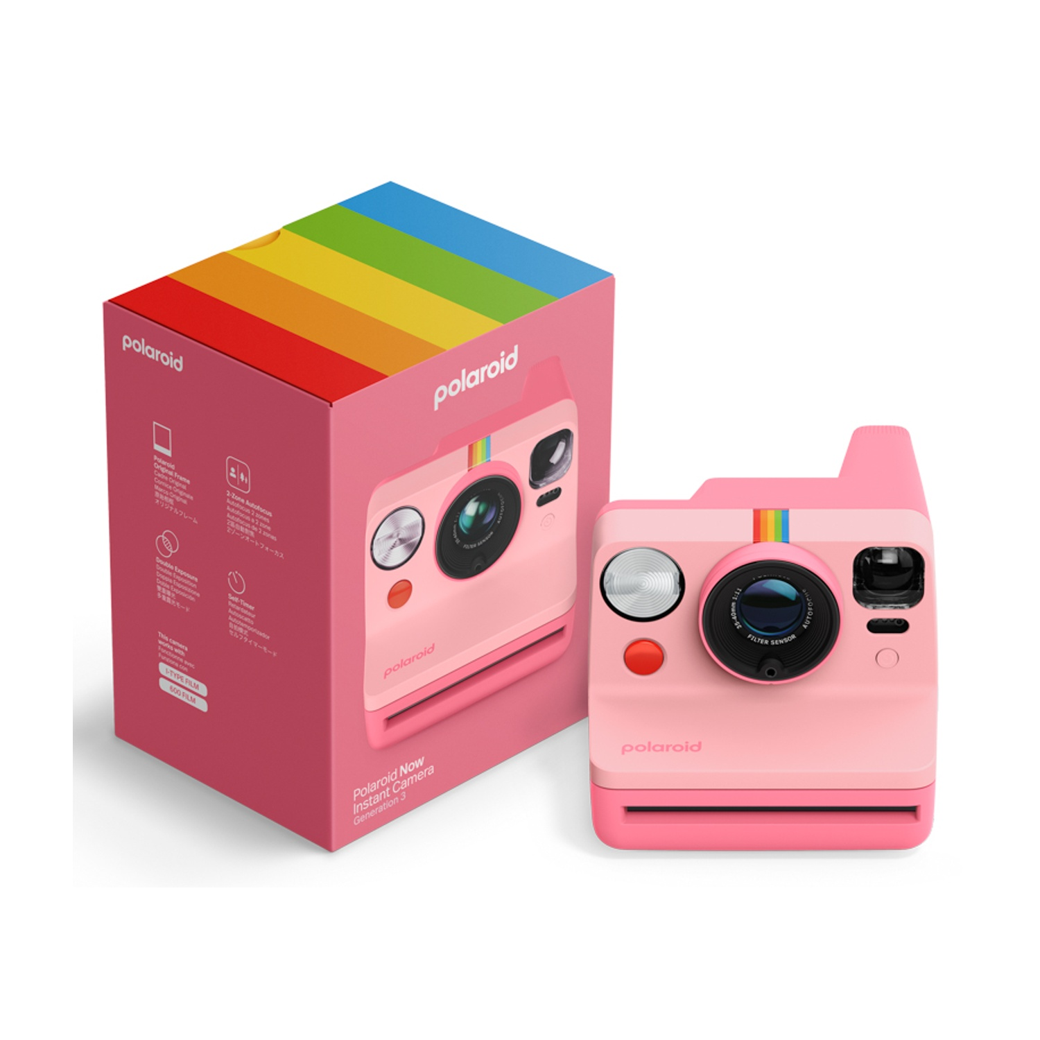 Fotocamera istantanea Polaroid Now rosa e la sua scatola a strisce arcobaleno.