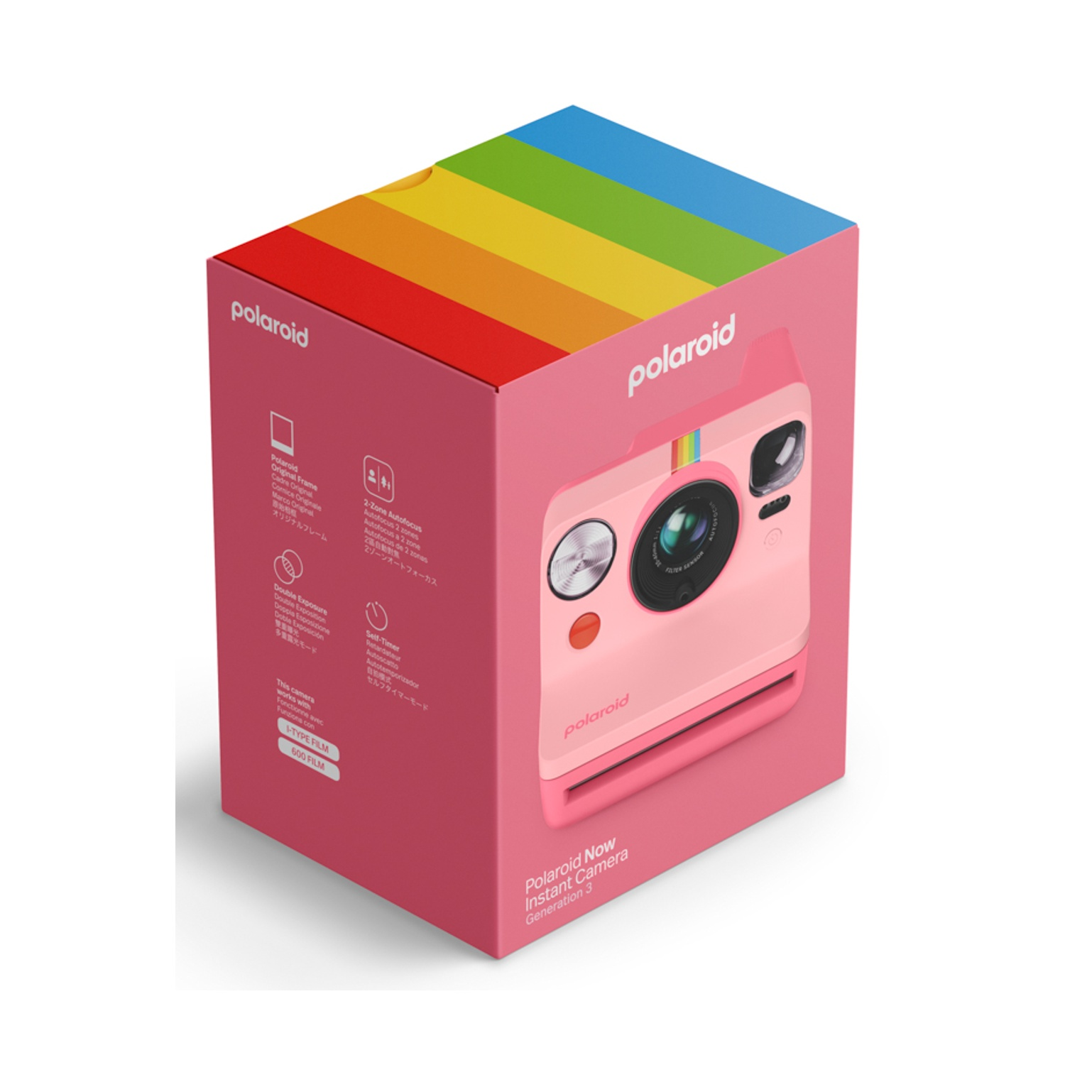 Una scatola rosa per fotocamera istantanea Polaroid Now con disegno arcobaleno in cima.