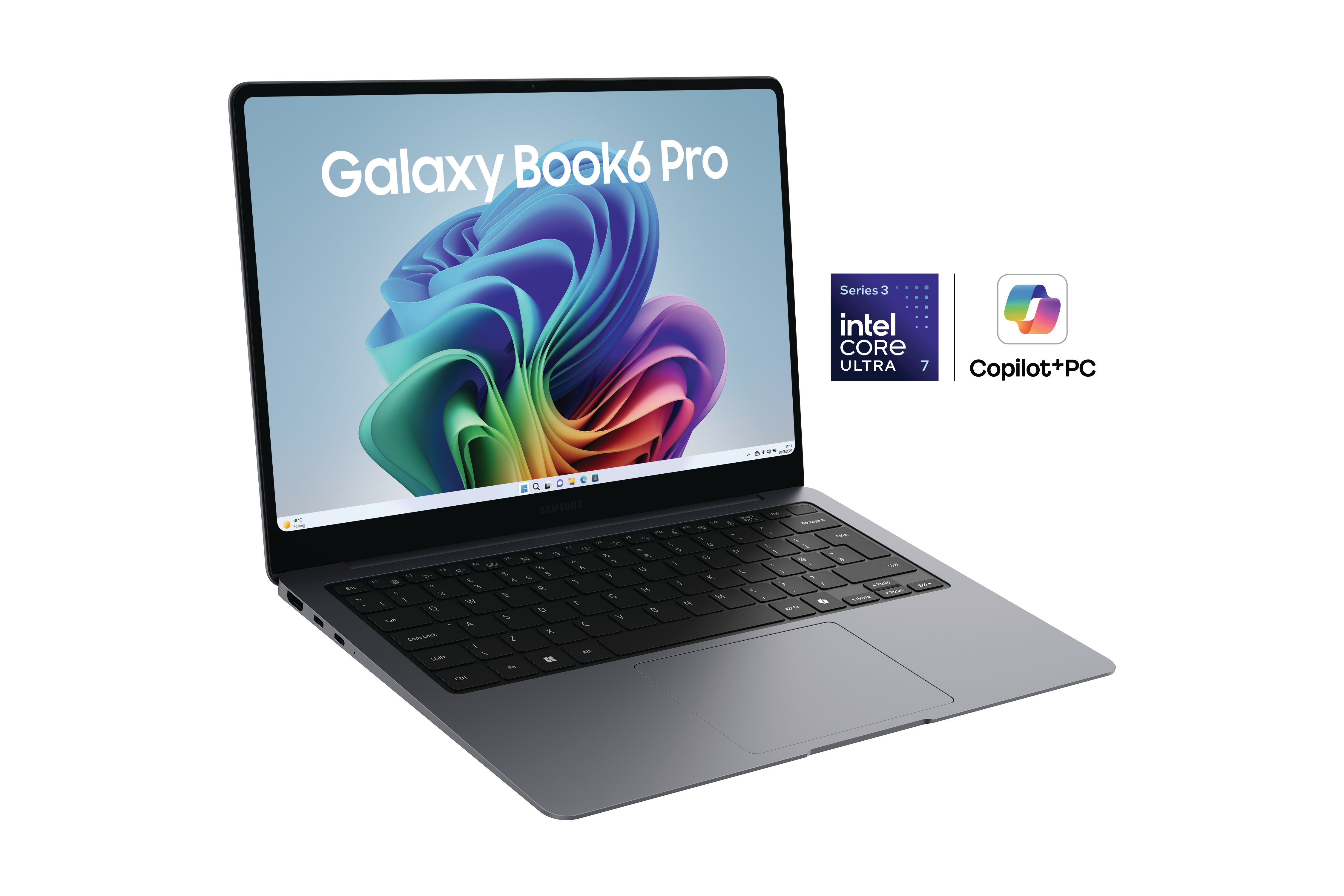 Ein graues Samsung Galaxy Book6 Pro Laptop mit Intel Core Ultra 7 Prozessor.