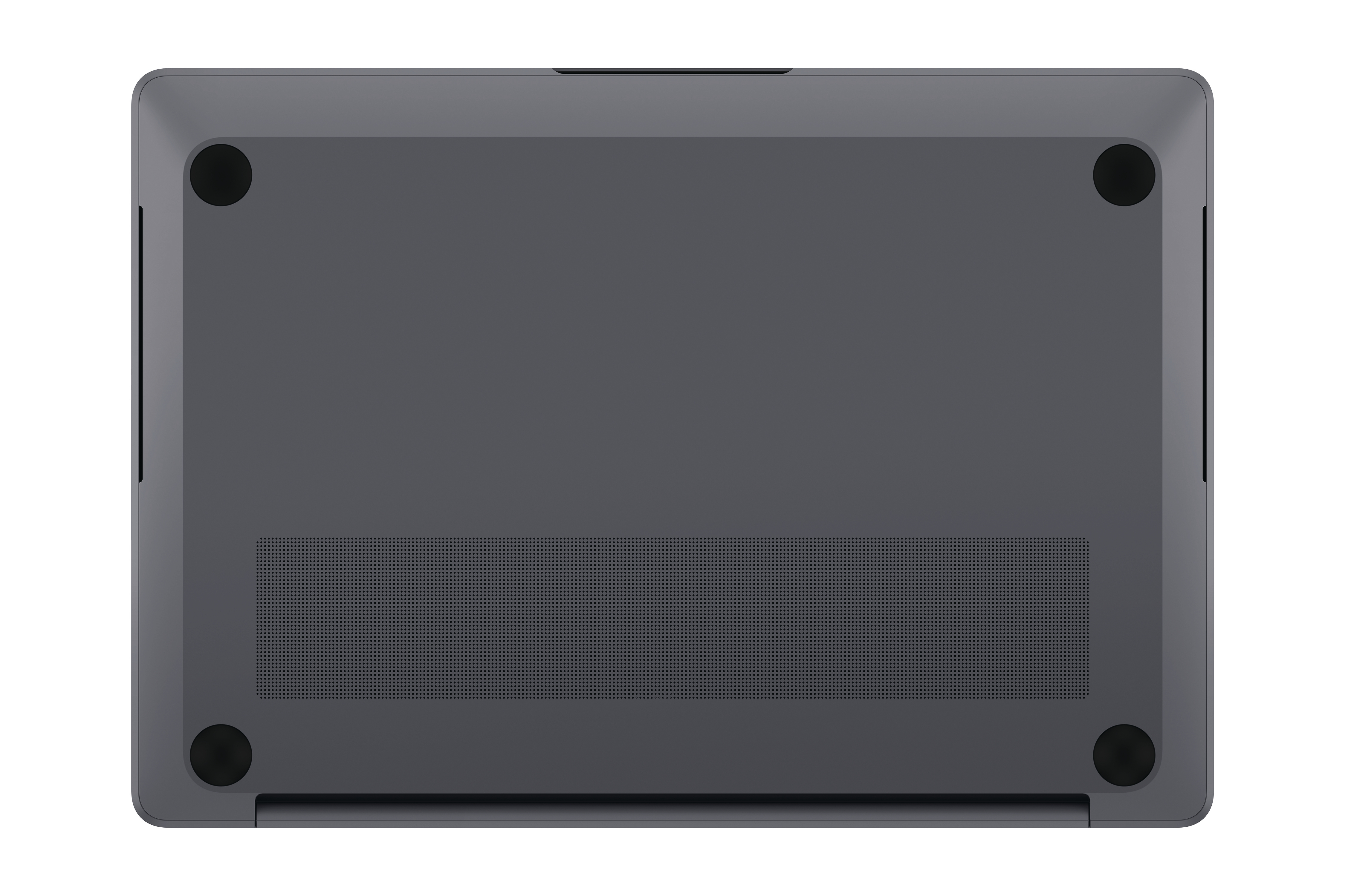 Unterseite eines dunklen Laptops mit Lüftungsschlitzen und Gummifüßen.