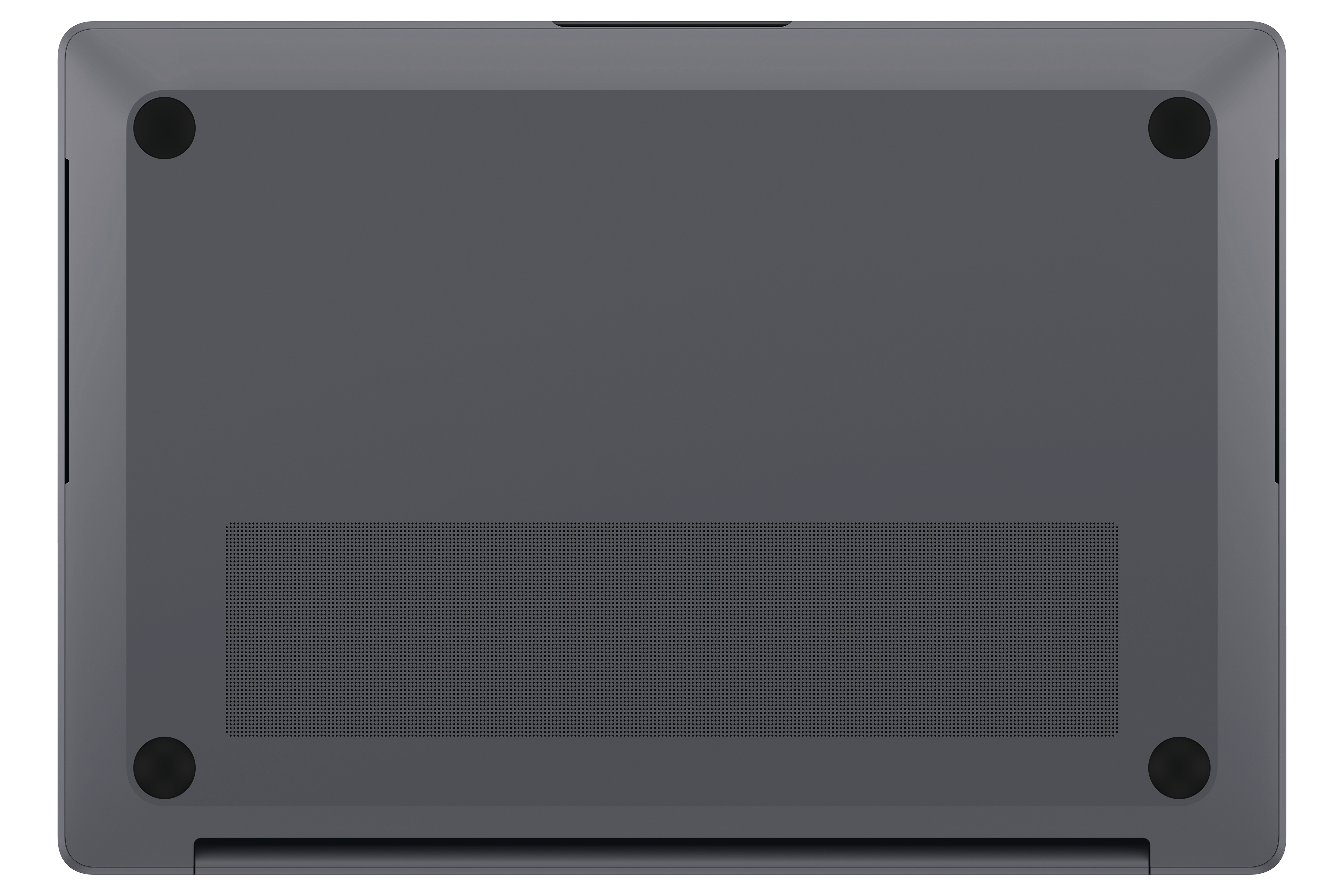 Unterseite eines dunklen Laptops mit vier Gummifüßen und Lüftungsschlitzen.