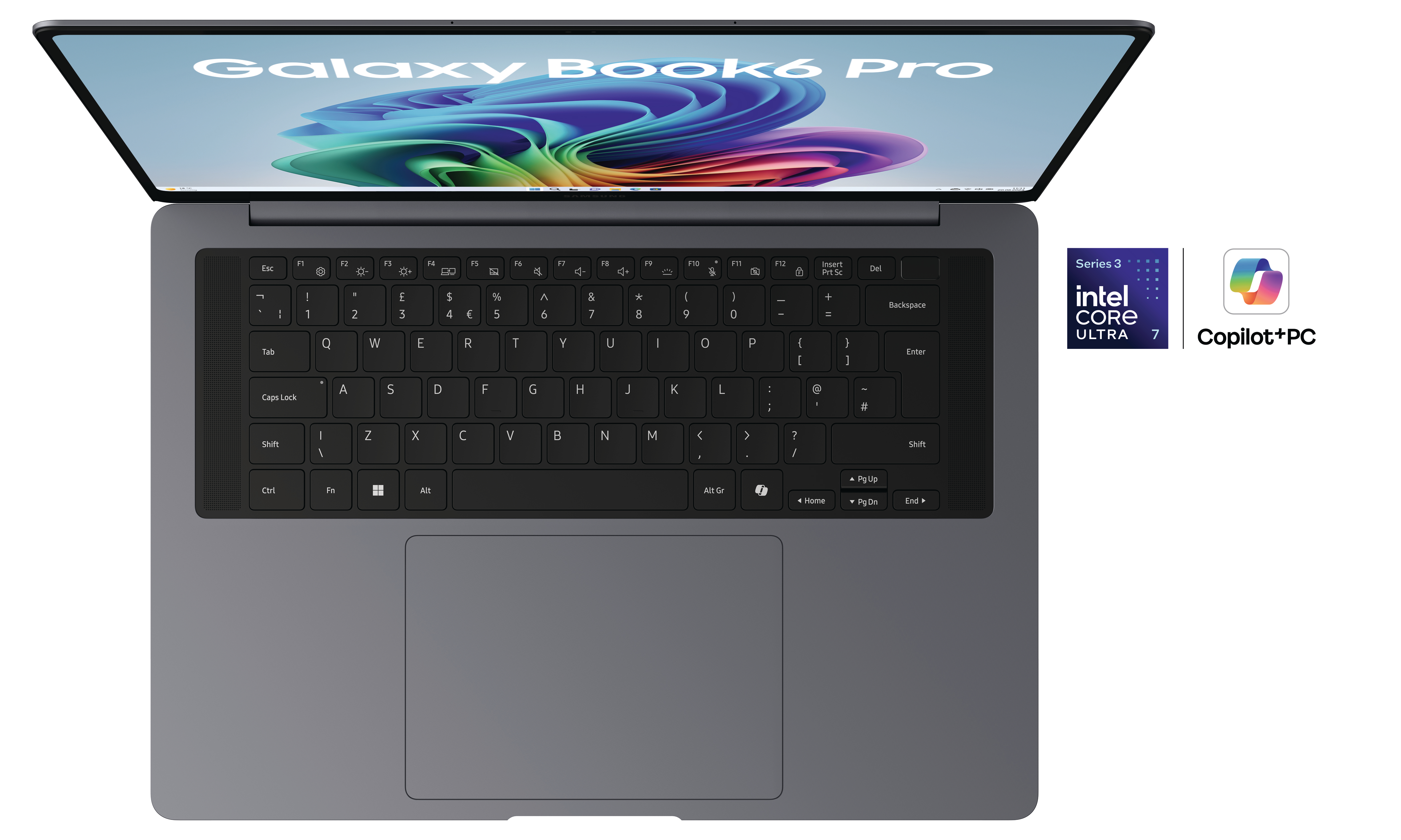 Graues Samsung Galaxy Book4 Pro Laptop mit offenem Display, Tastatur und Intel Core Ultra 7-Logo.