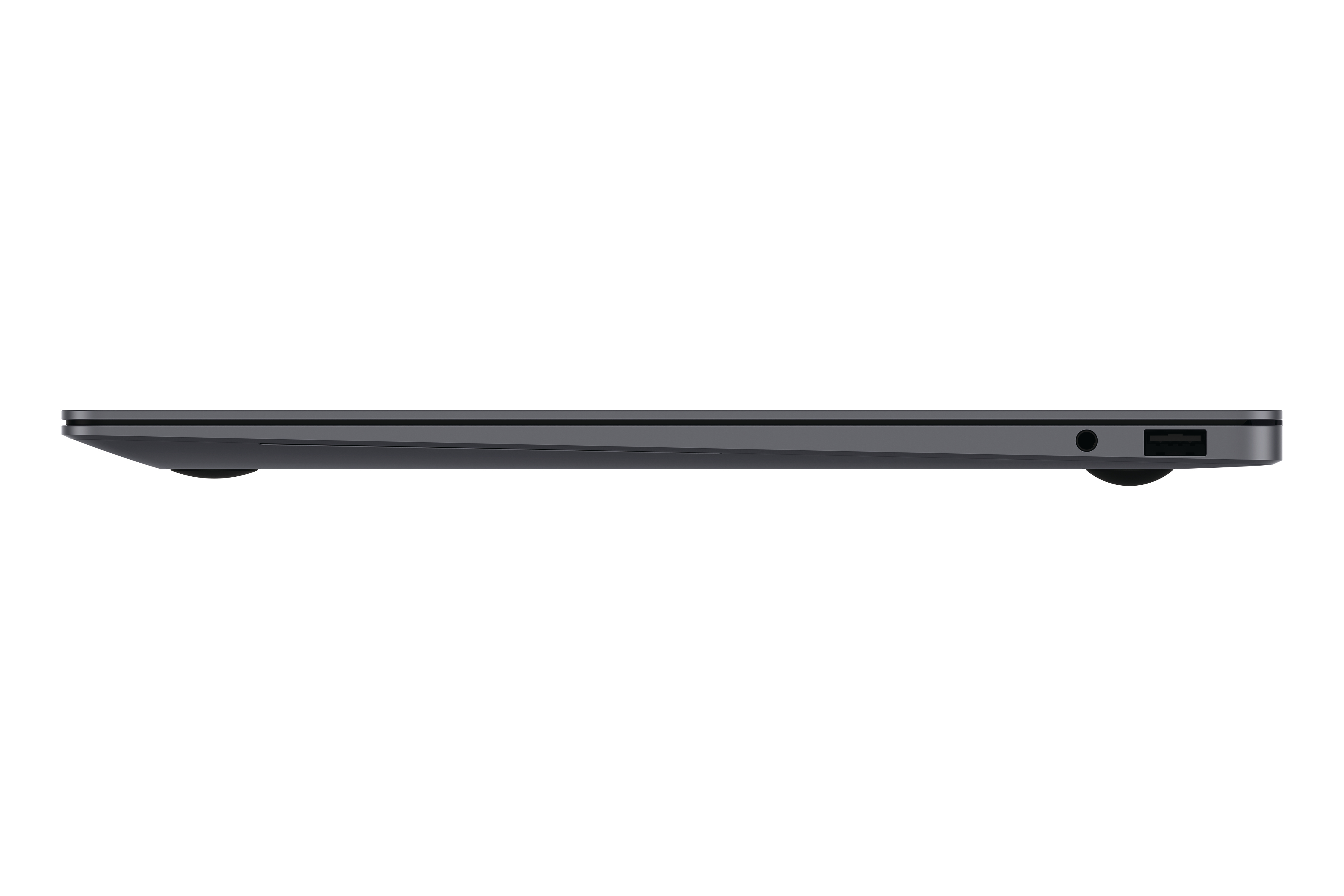 Grauer Laptop im Profil mit USB- und Kopfhöreranschluss.