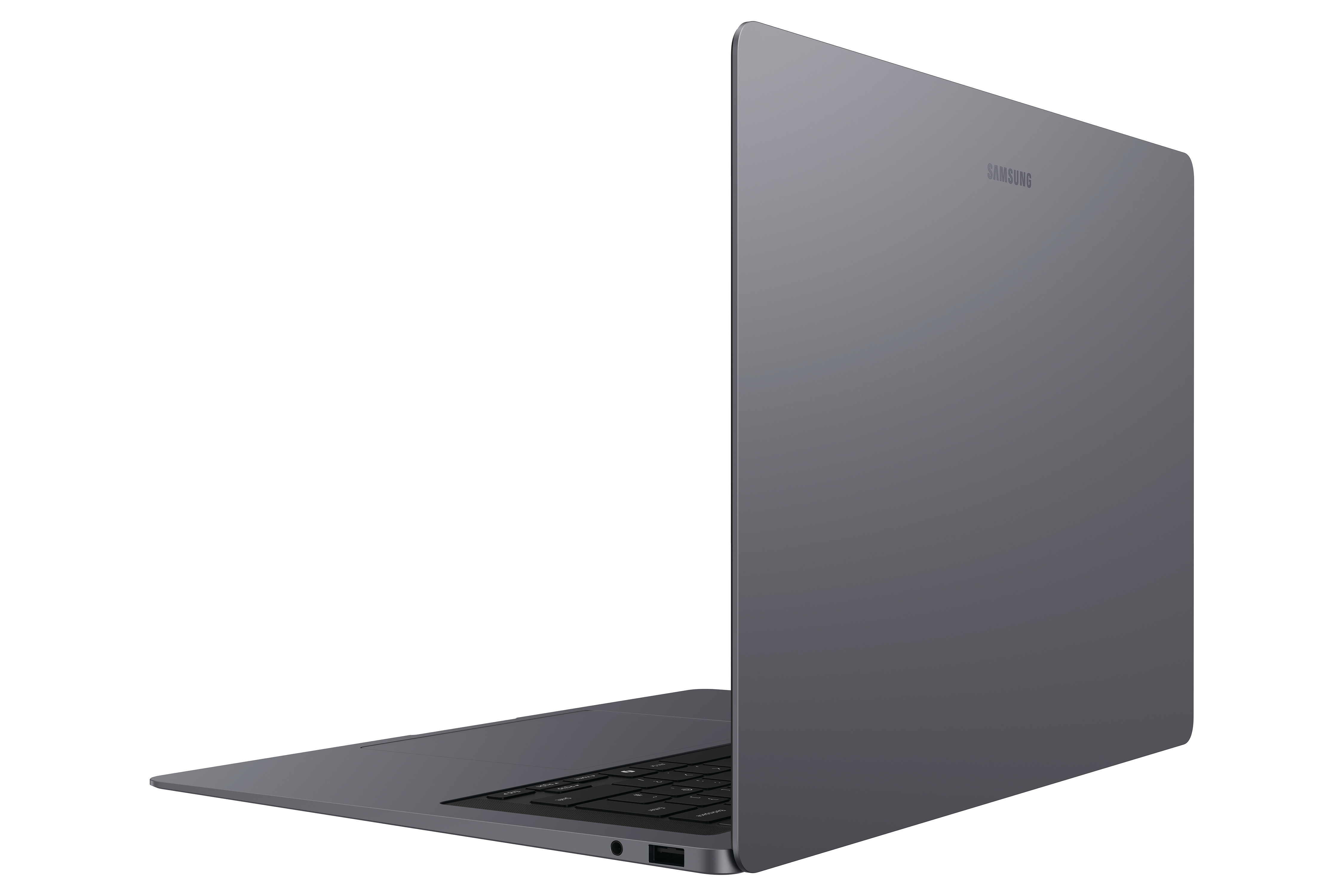Ein graues Samsung-Laptop, von schräg hinten gezeigt, mit Fokus auf die Tastatur.
