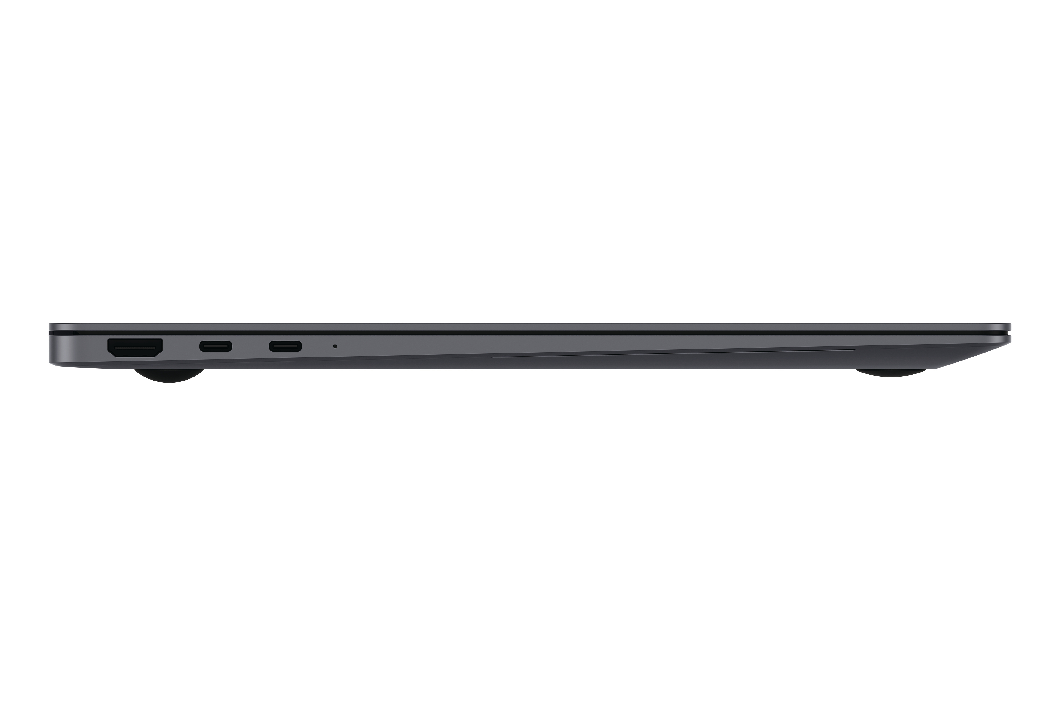 Seitenansicht eines dunklen, dünnen Laptops mit USB-C-Anschlüssen.