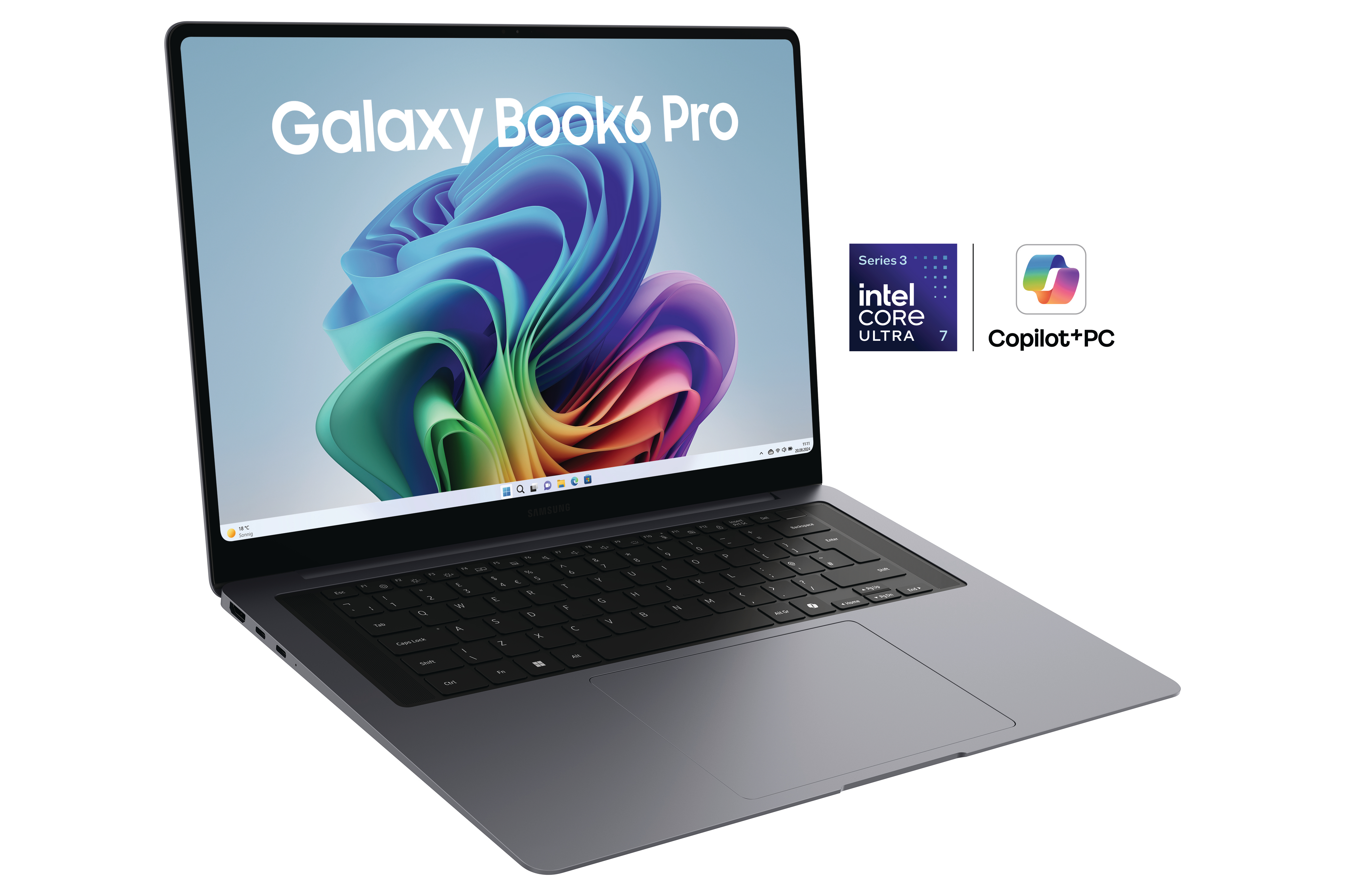 Grauer Samsung Galaxy Book4 Pro Laptop mit Intel Core Ultra 7 und Copilot+ PC Logo.