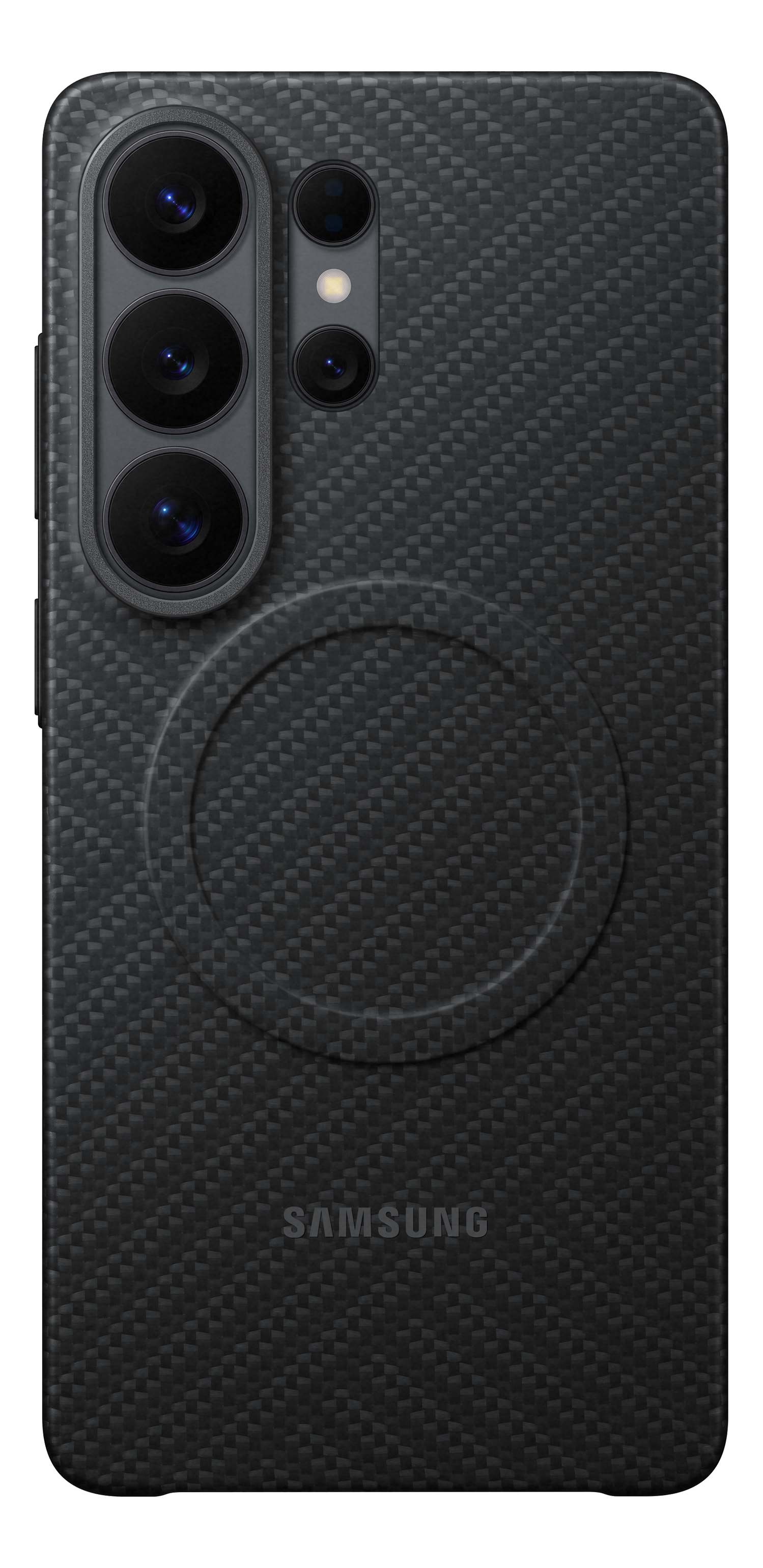Schwarzes Samsung Handy mit Carbonstruktur und Kameralinsen.