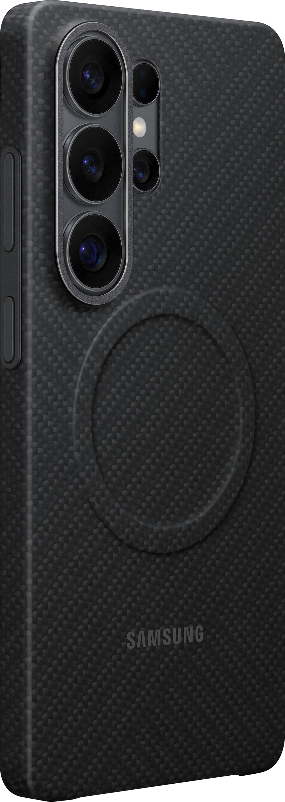 Schwarzes Handy mit Carbon-Muster, drei Kameras und Samsung-Logo.