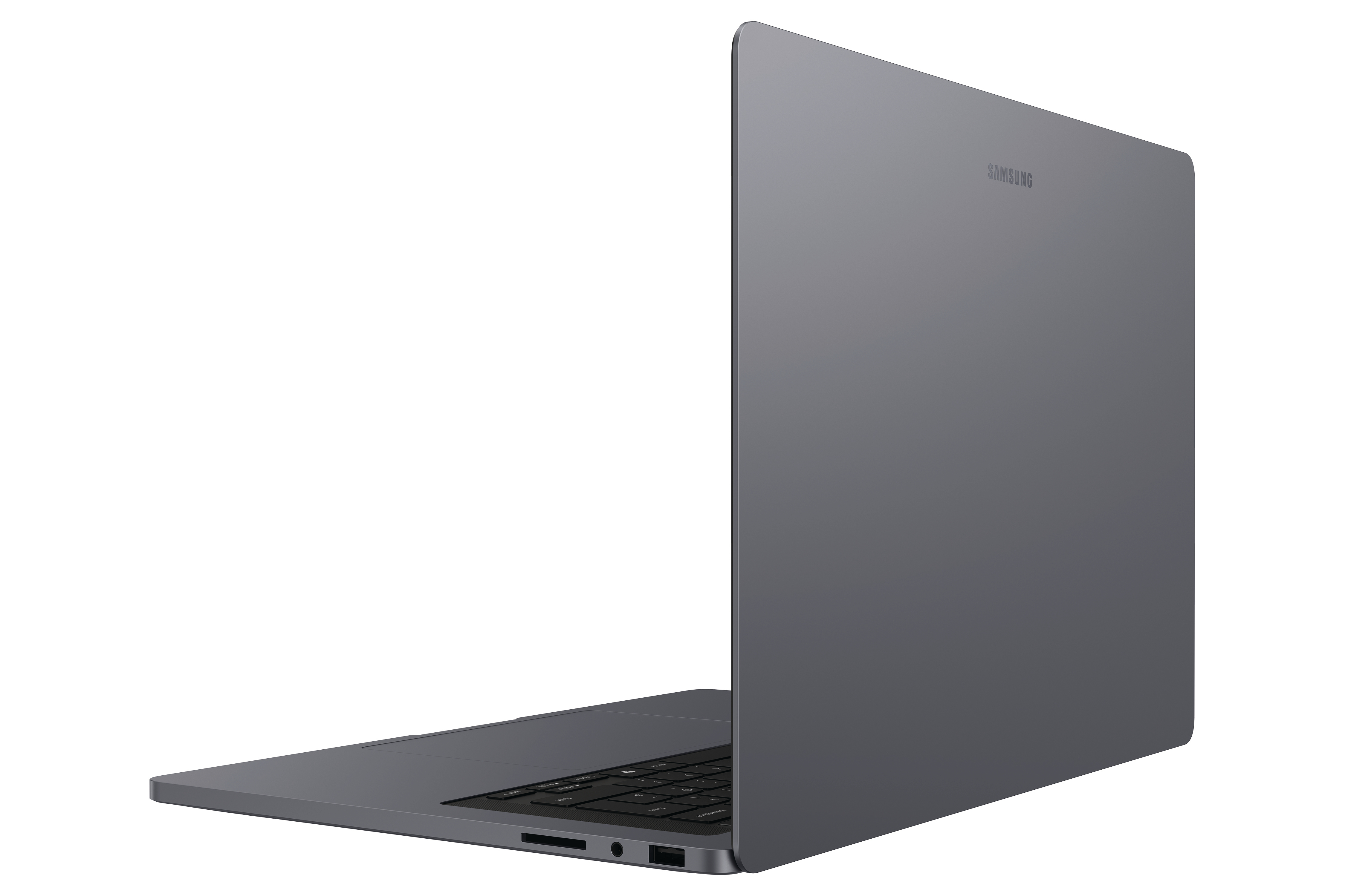 Ein geschlossener, grauer Samsung Laptop mit Tastatur und Anschlüssen.