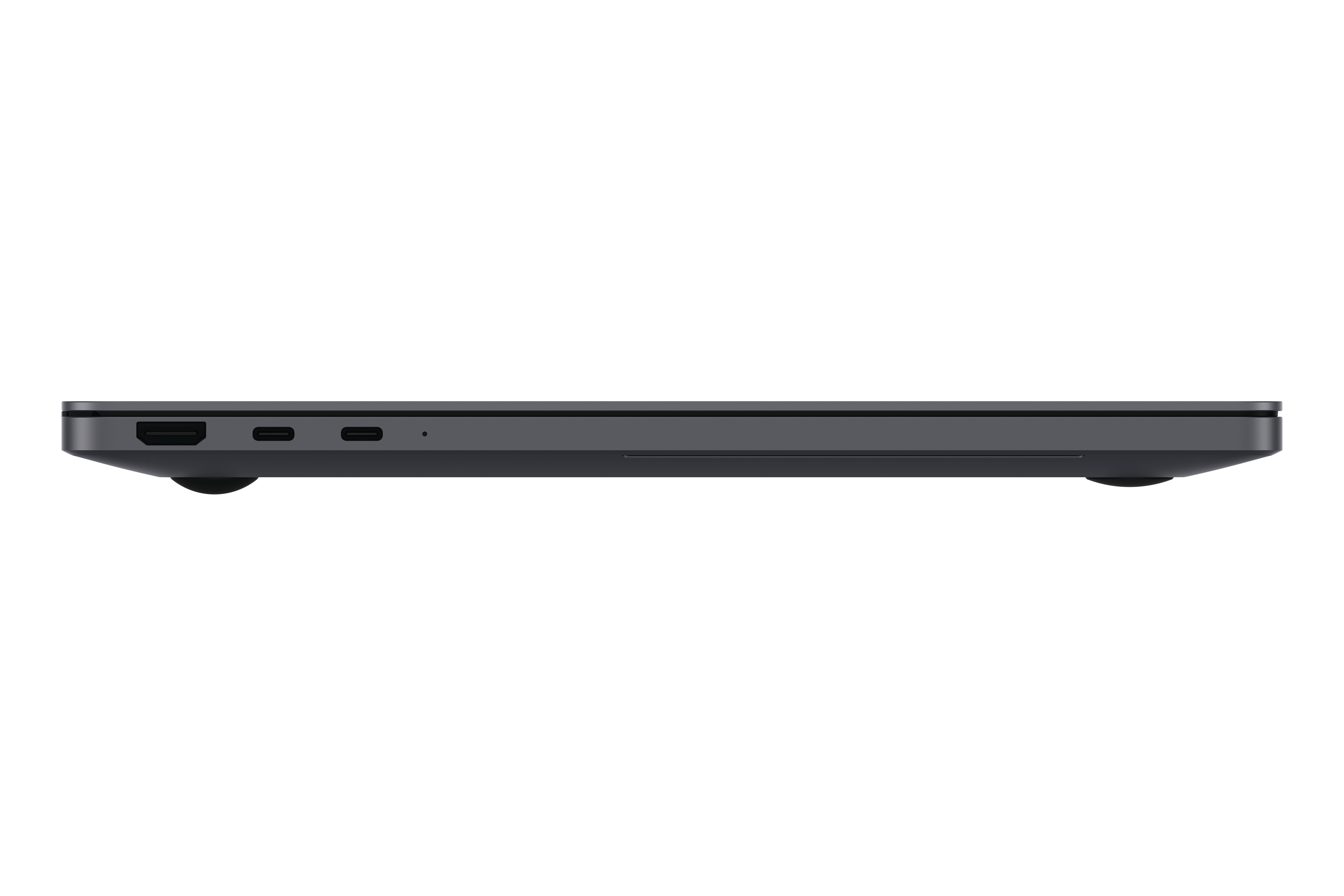 Dunkelgraues Laptop-Profil mit HDMI- und USB-C-Anschlüssen.