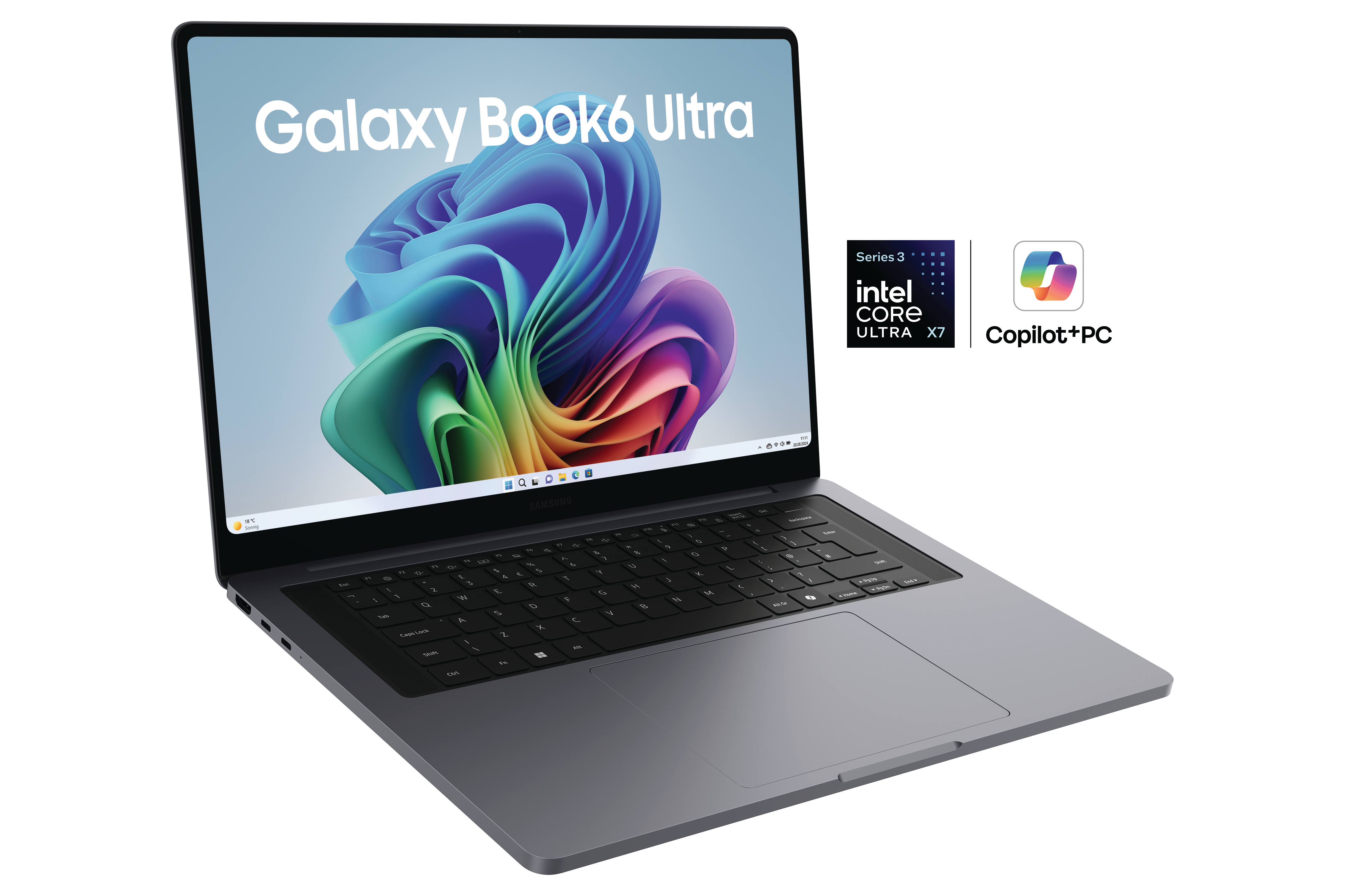 Grauer Laptop mit Galaxy Book6 Ultra Schriftzug, Intel Core Ultra X7 und Copilot+ PC Logo.