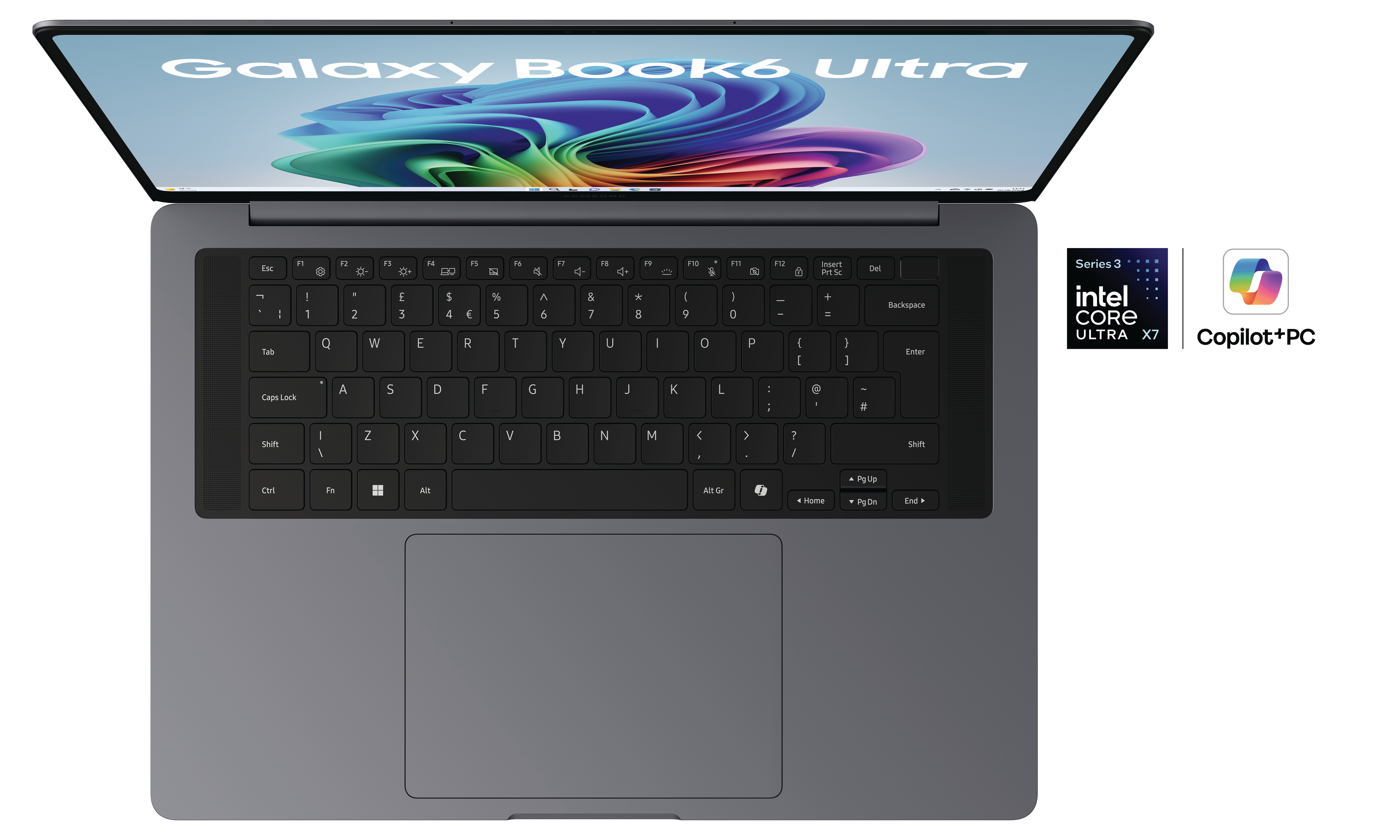 Ein graues Samsung Galaxy Book6 Ultra Laptop mit geöffnetem Bildschirm und beleuchteter Tastatur.