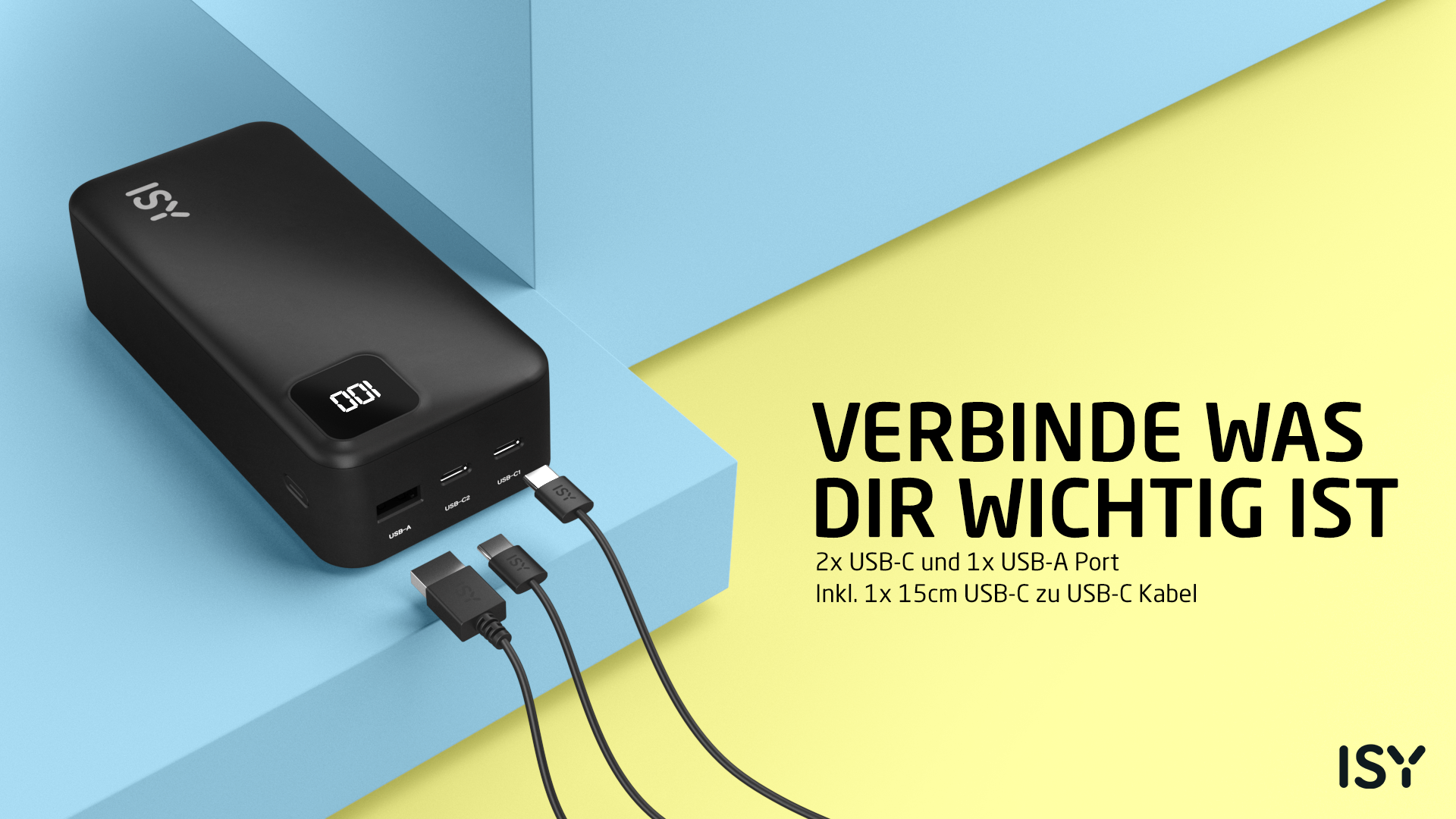 Schwarzes ISY Powerbank mit 2x USB-C und 1x USB-A Port, inkl. Kabel.