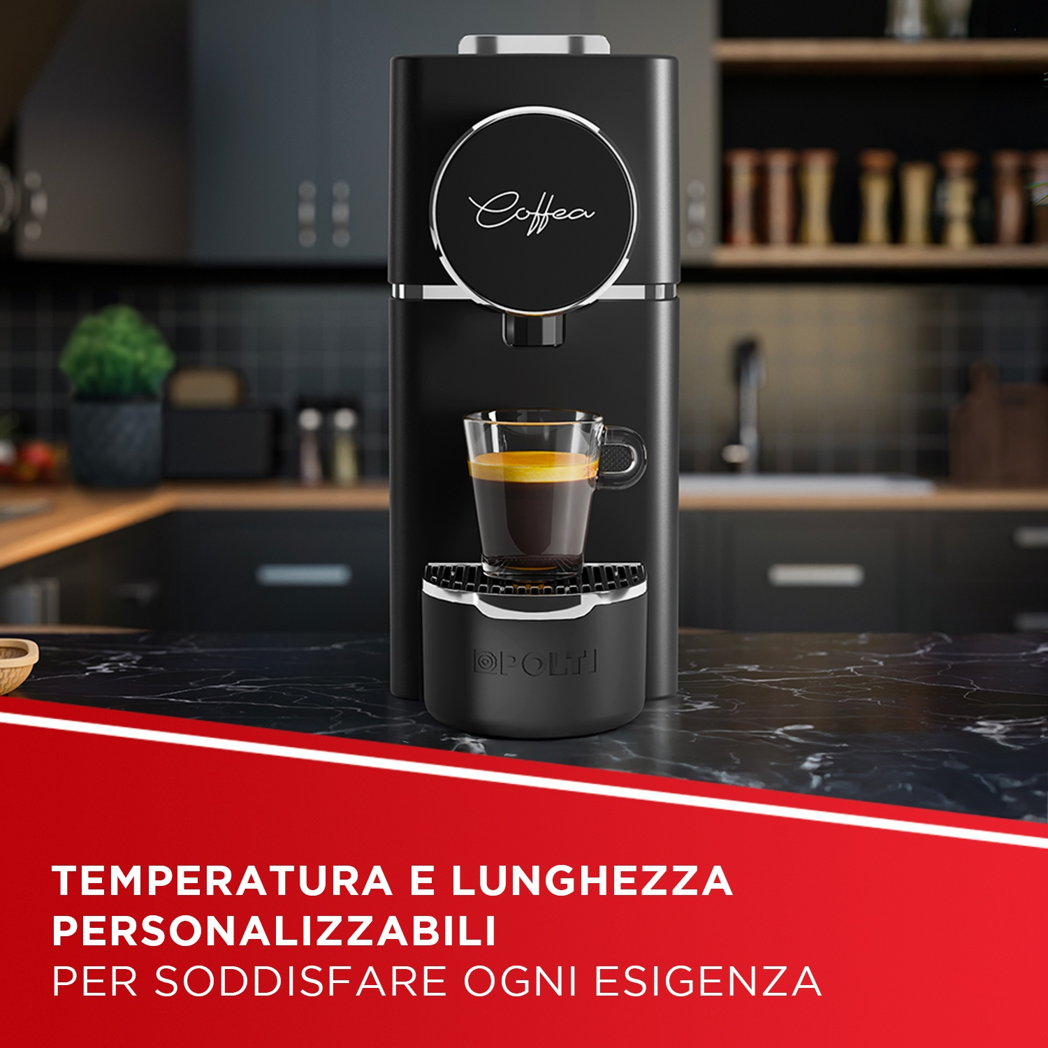 Macchina da caffè nera con tazzina di espresso su bancone in marmo.