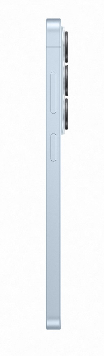 Bok jasnoniebieskiego telefonu z trzema aparatami i przyciskami.