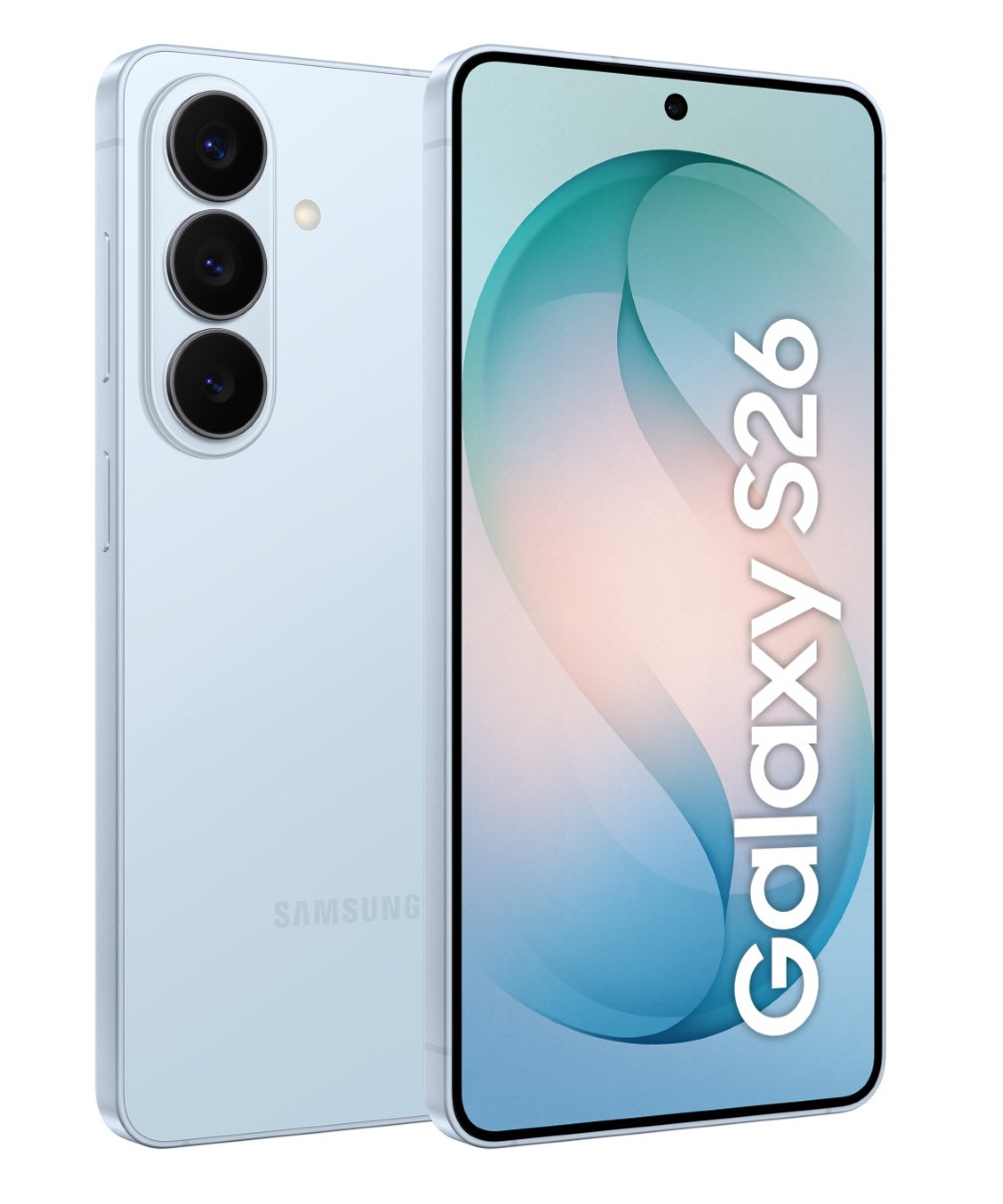 Jasnoniebieski smartfon Samsung Galaxy S26 z trzema aparatami z tyłu.