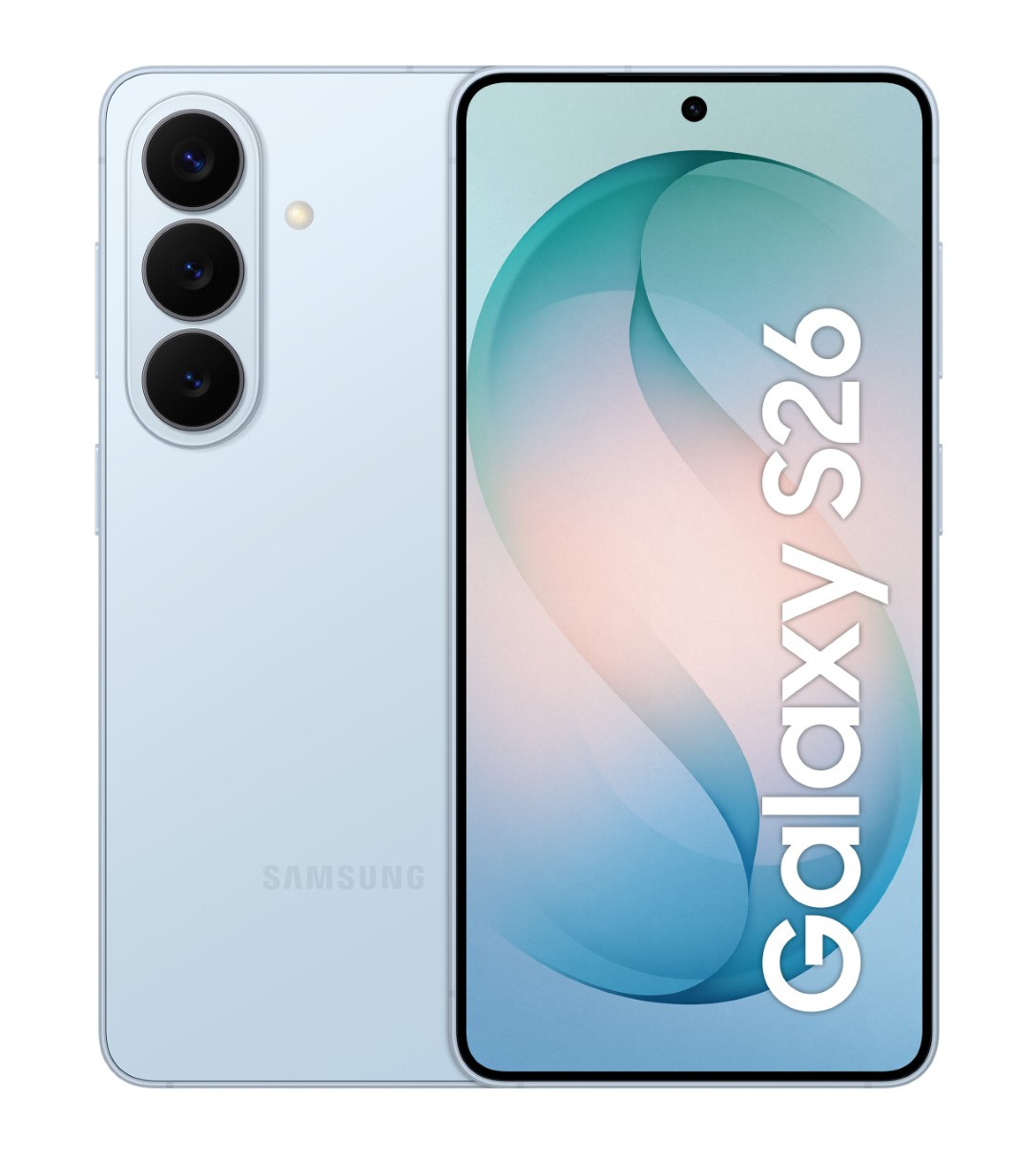 Jasnoniebieski smartfon Samsung Galaxy S26 z trzema aparatami z tyłu.