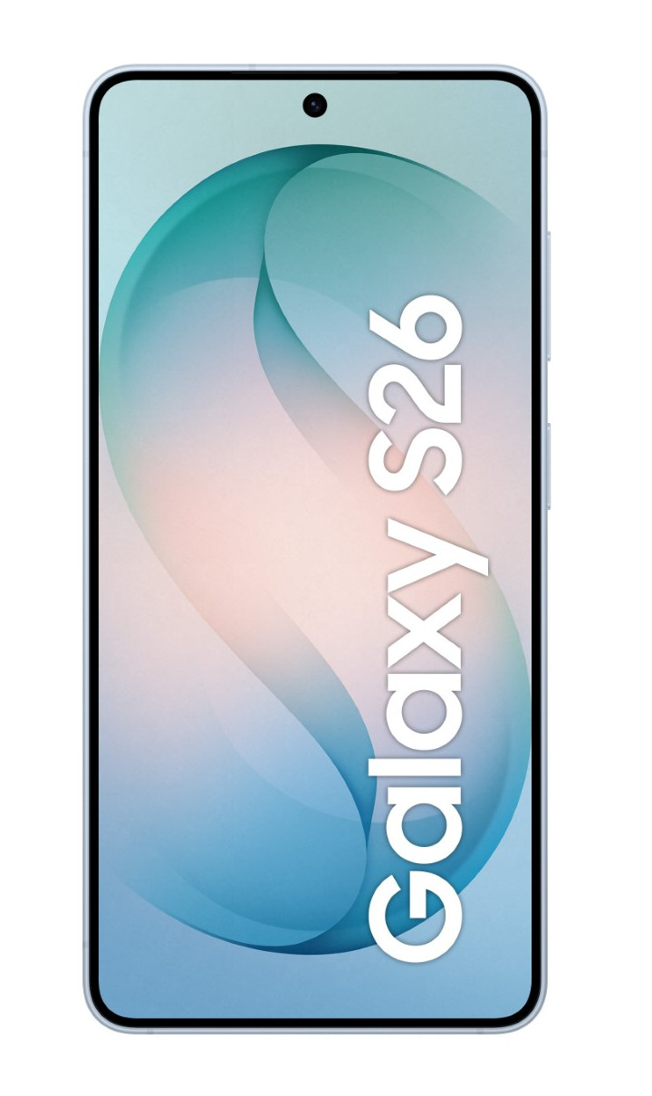 Jasnoniebieski smartfon z napisem Galaxy S26 na ekranie.