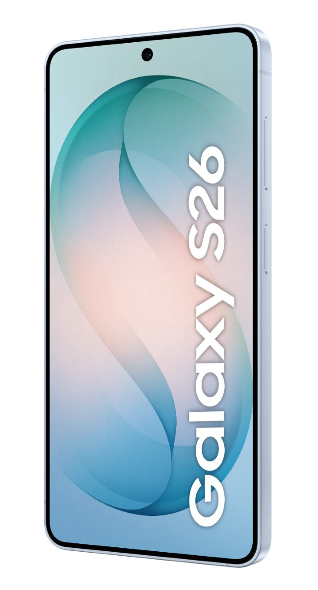 Jasnoniebieski smartfon z napisem 'Galaxy S26' na ekranie.
