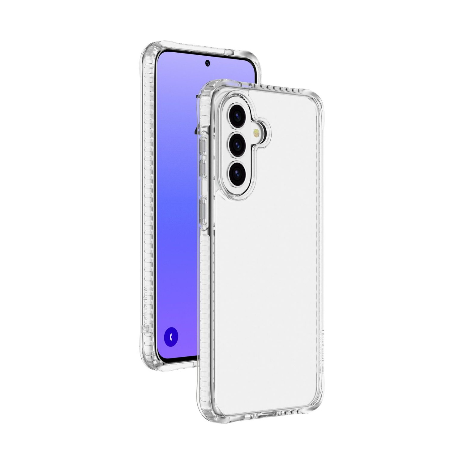 Una custodia trasparente per telefono si trova davanti a uno smartphone con schermo blu.