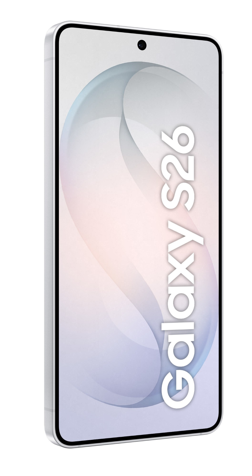 Srebrny smartfon z napisem "Galaxy S26" na ekranie.