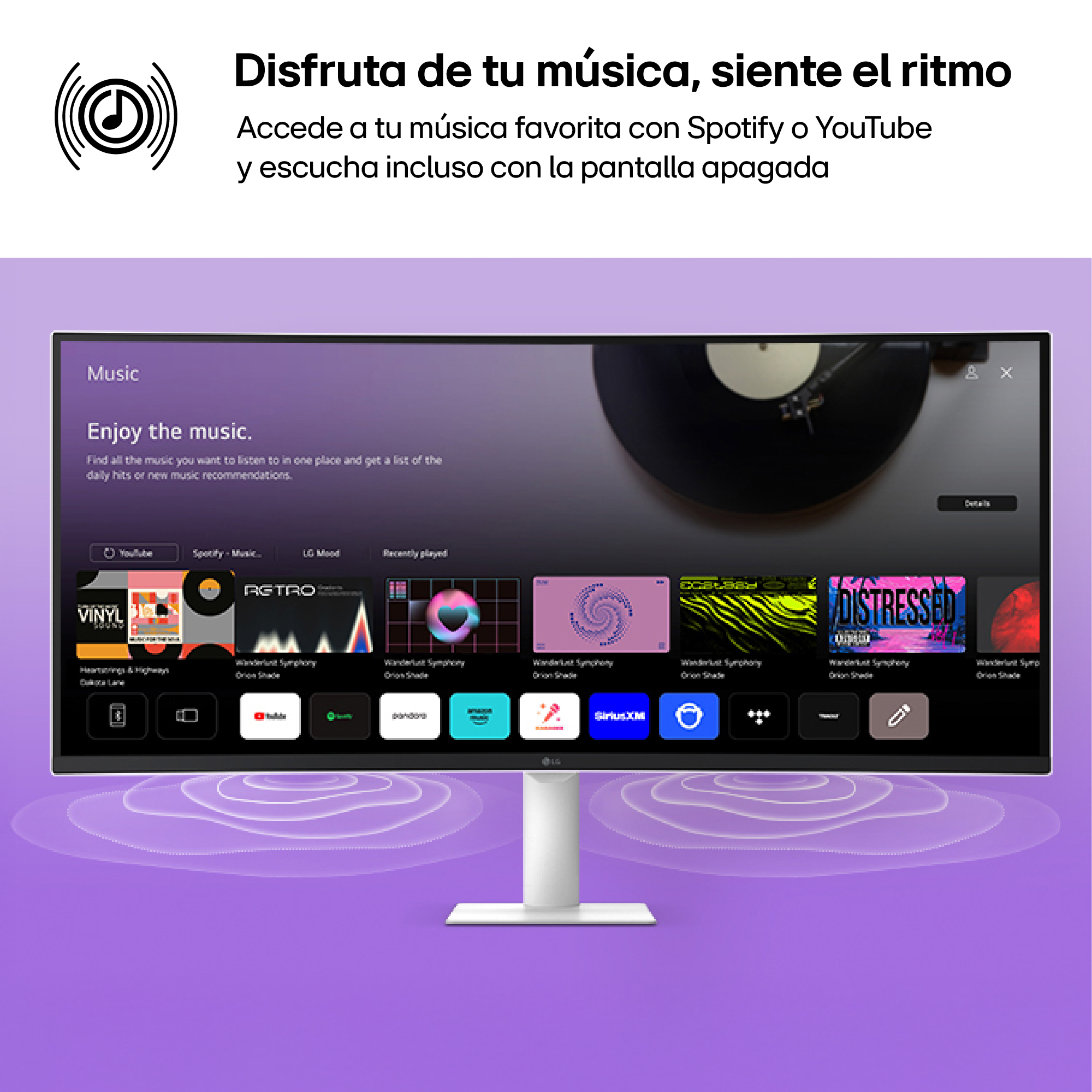 Disfruta de tu música, siente el ritmo. Accede a tu música favorita con Spotify o YouTube y escucha incluso con la pantalla apagada