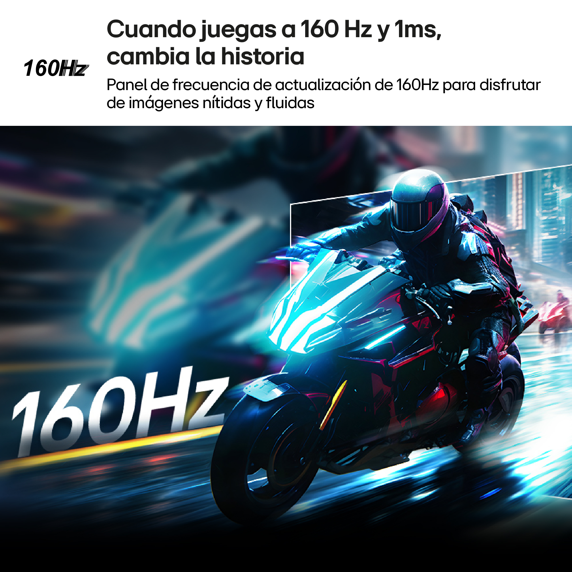 Un piloto en una moto con pantalla de 160Hz, paisaje urbano de neón.
